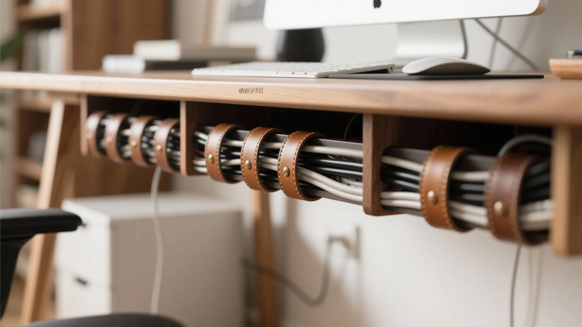 Close-up of stylish leather and wood cable management