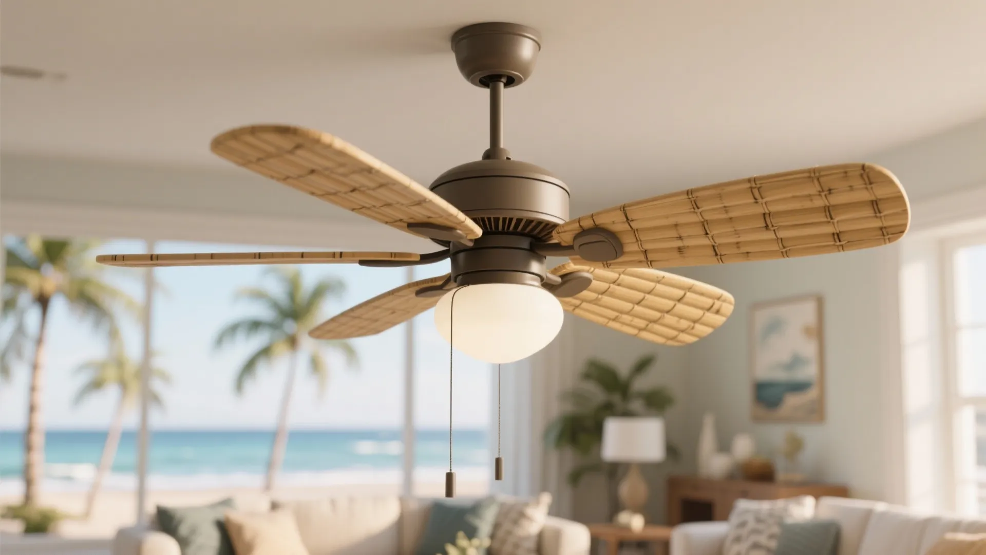 Ceiling fan with light fixture and wooden blades overlooking sunny beach and blue ocean view