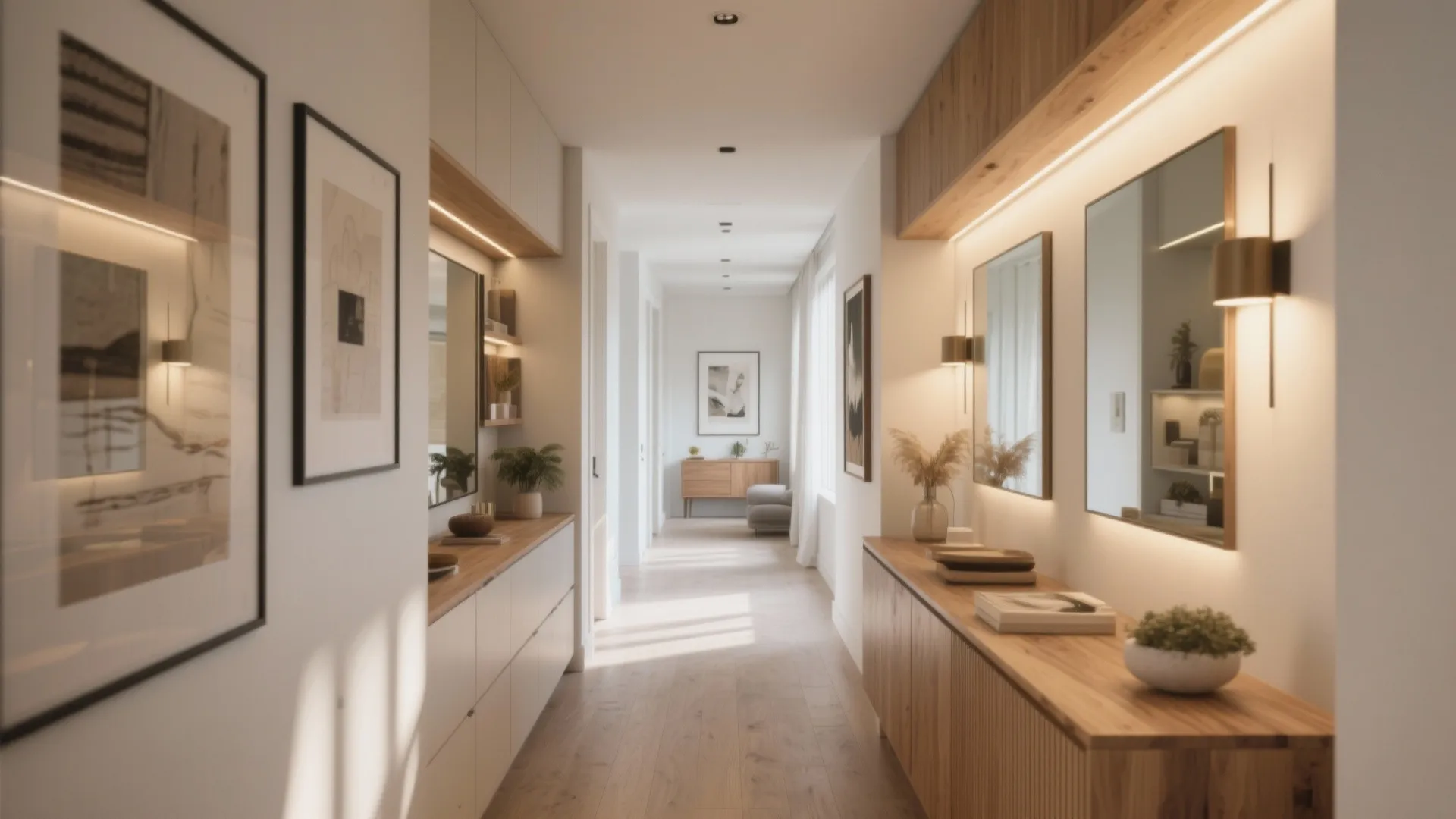 Modern hallway with light wood floor cabinets mirrors and wall art under soft warm lighting