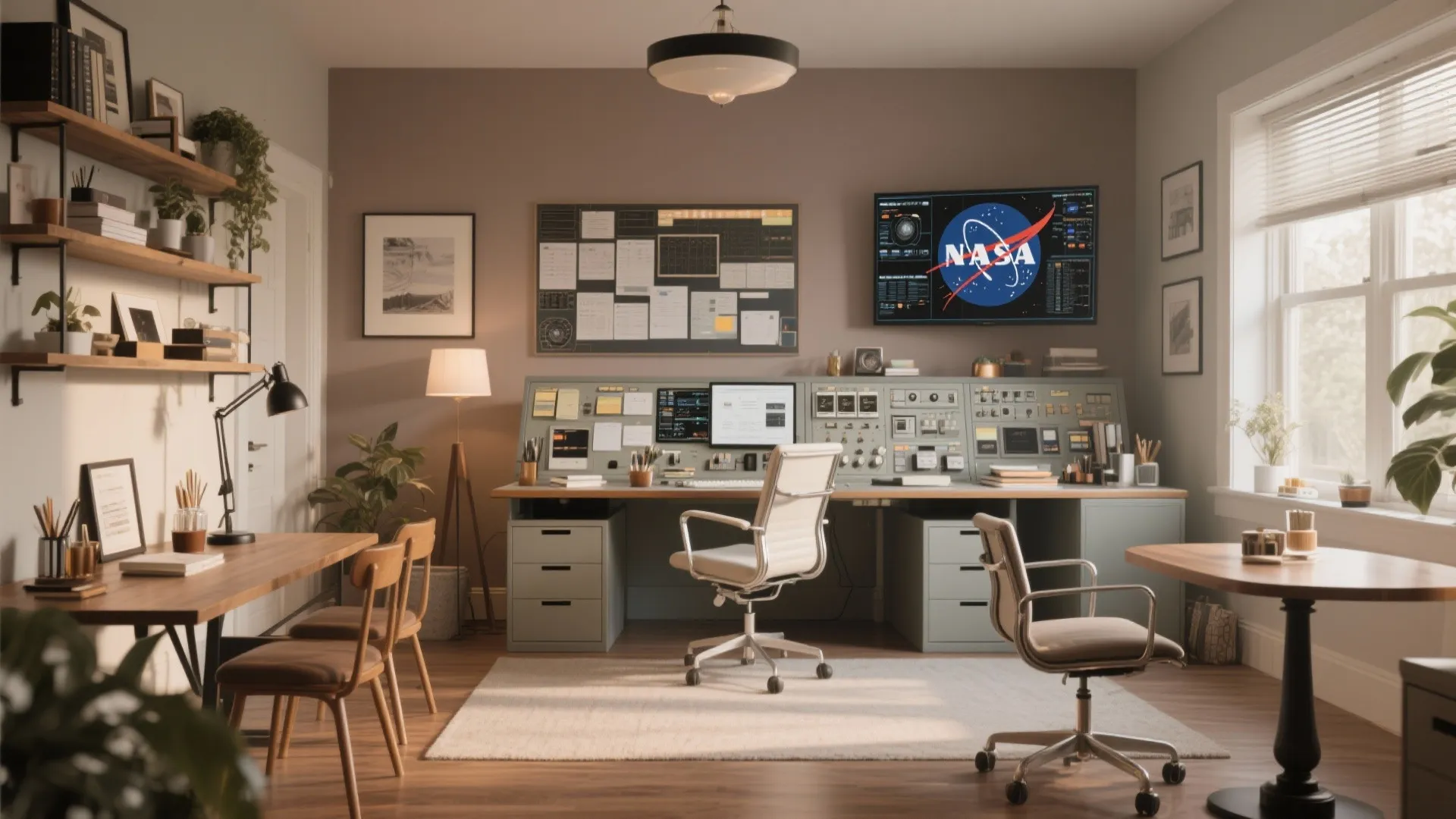 Home office interior with large desk white chair wooden shelves ceiling light and NASA screen