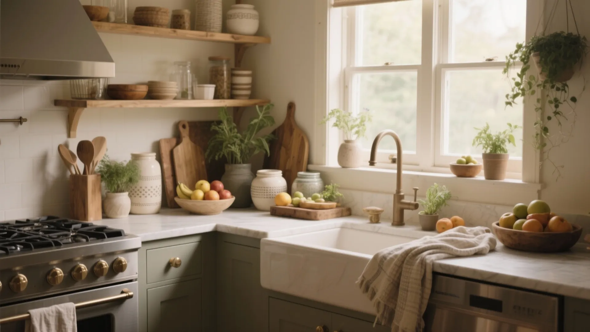 Rustic kitchen with green cabinets marble countertop white sink gold faucet wooden shelves and large window