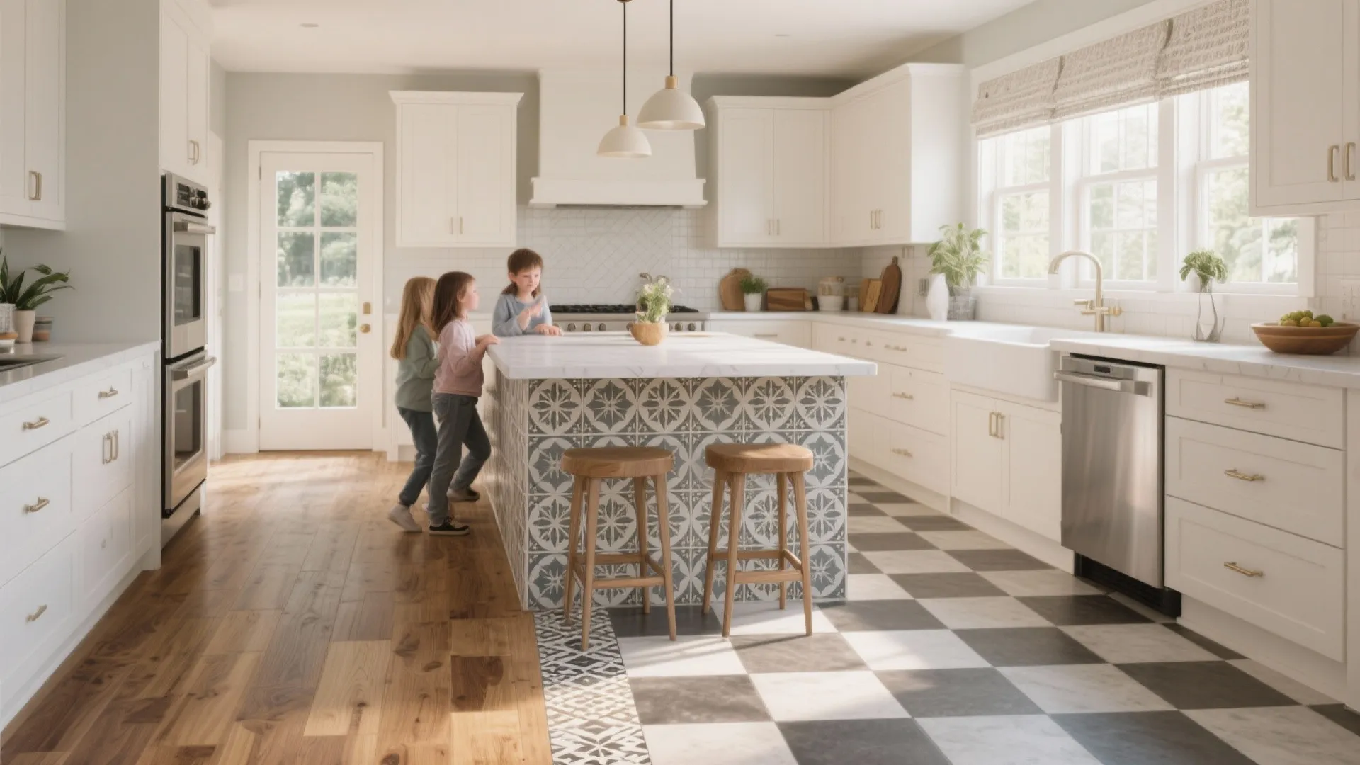Bright kitchen with children near tiled island and floor transition from wood to black white