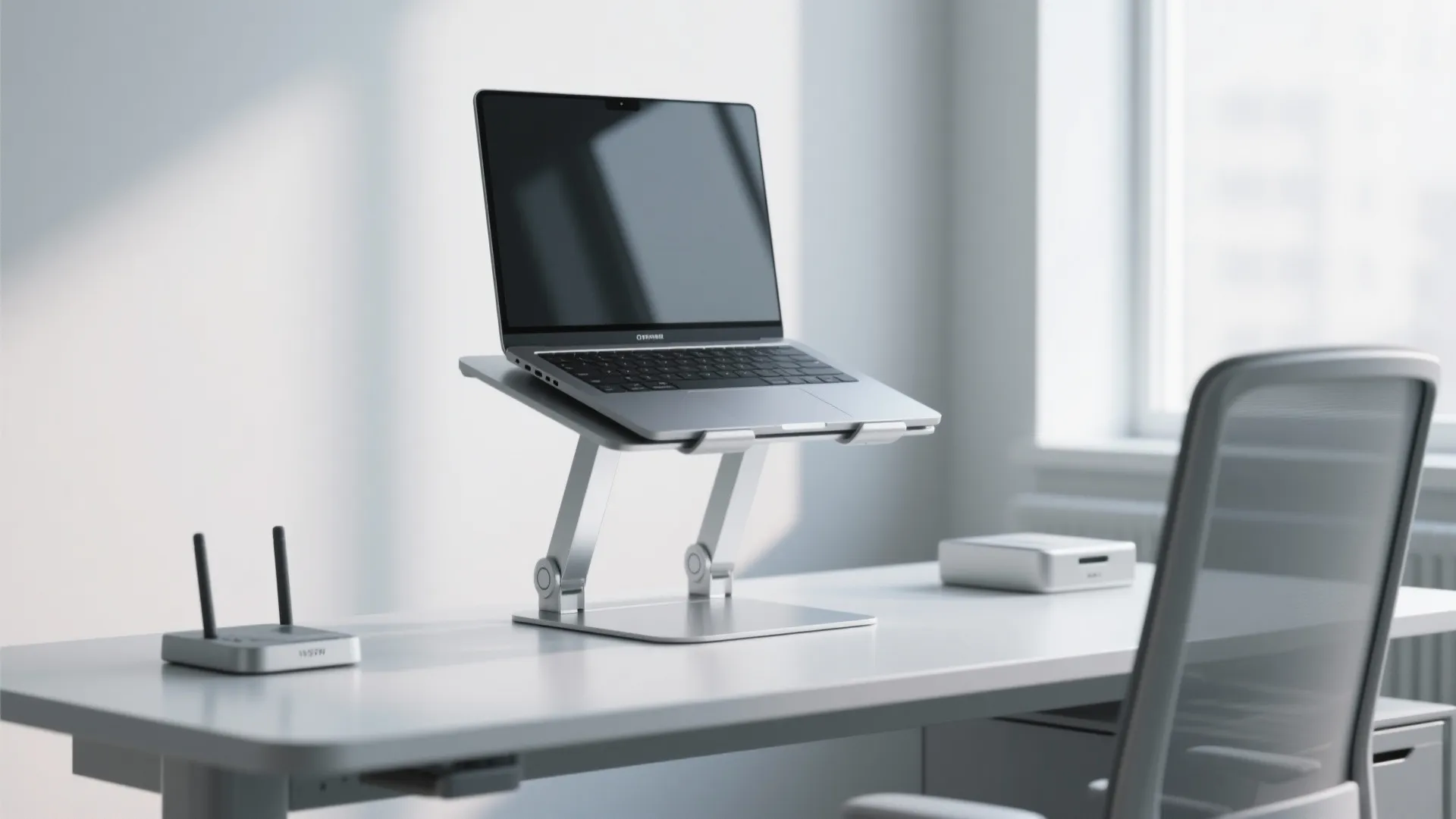 Modern silver laptop stand on a white desk with a grey office chair and window