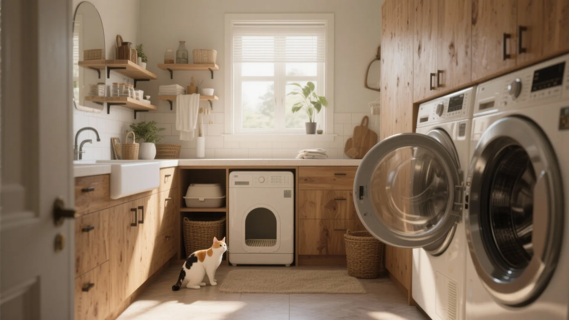 Bright laundry room with wooden cabinets washing machine and calico cat sitting near integrated catbox