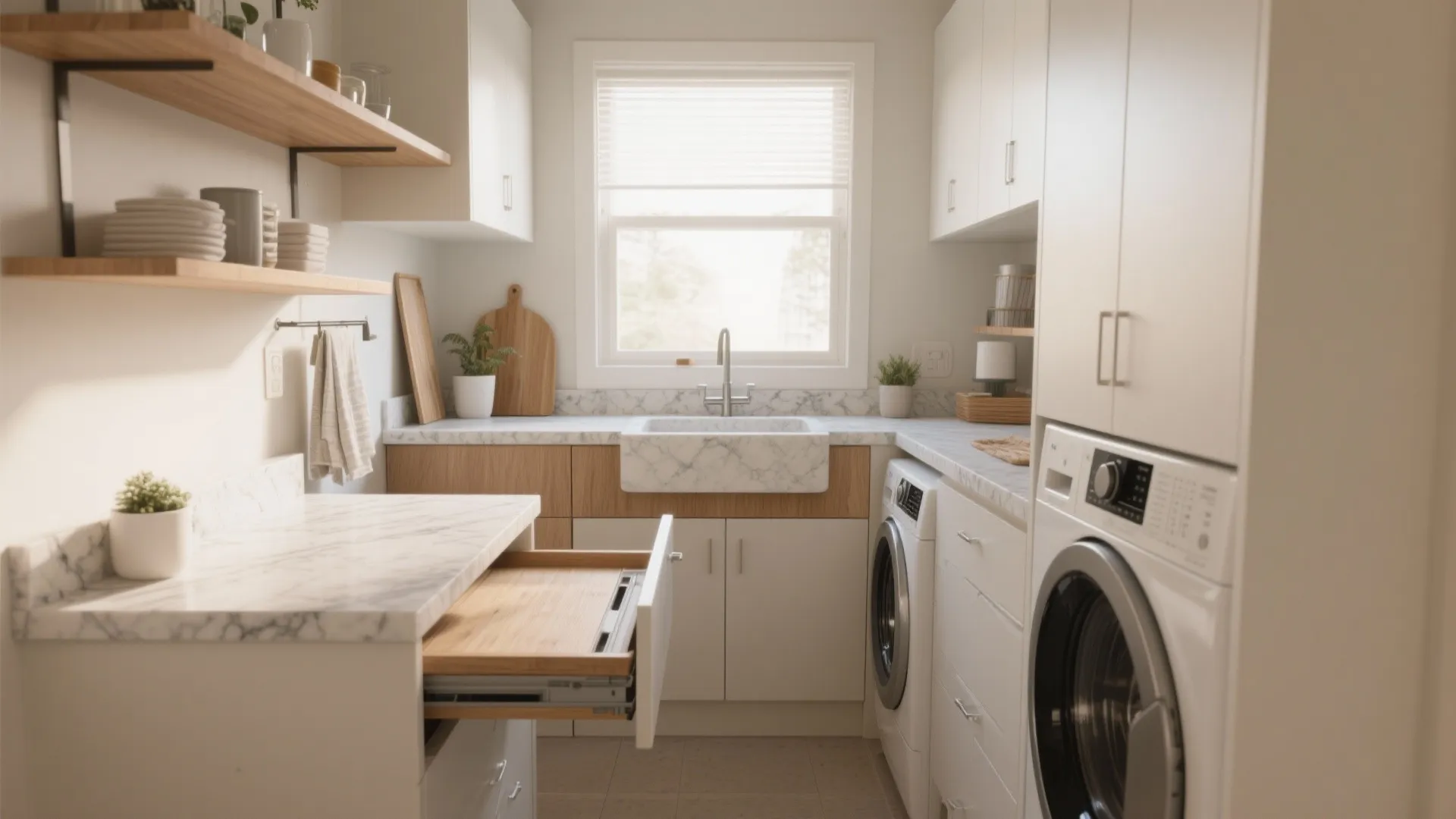 Modern laundry room featuring white cabinets marble sink wood shelves and washing machine with shelf