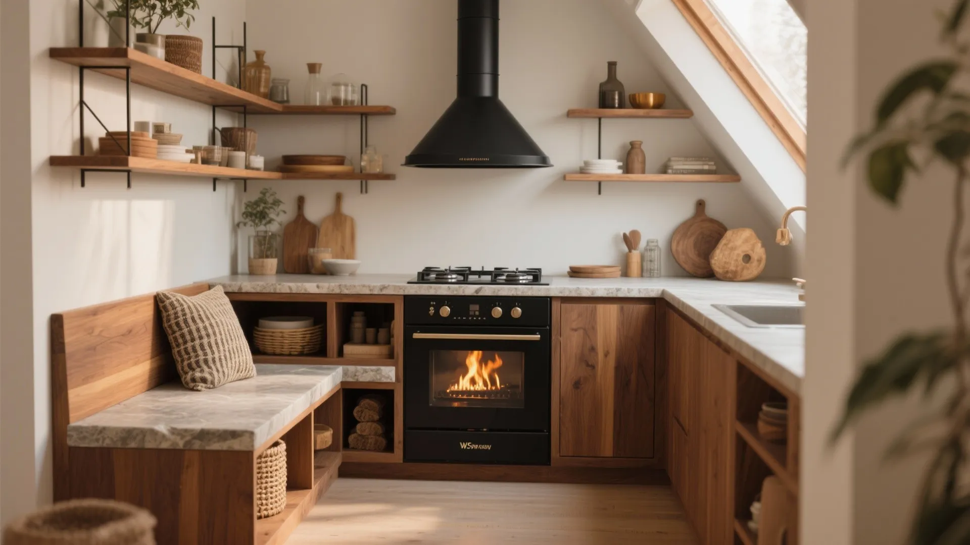 Modern kitchen with wood cabinets and black oven under a roof window with open wall shelves