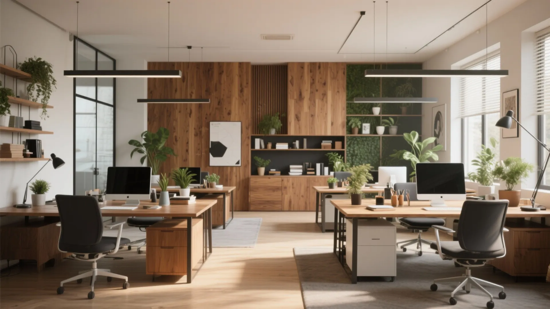 Modern office interior with wooden desks black chairs green plants wall panels and many ceiling lights