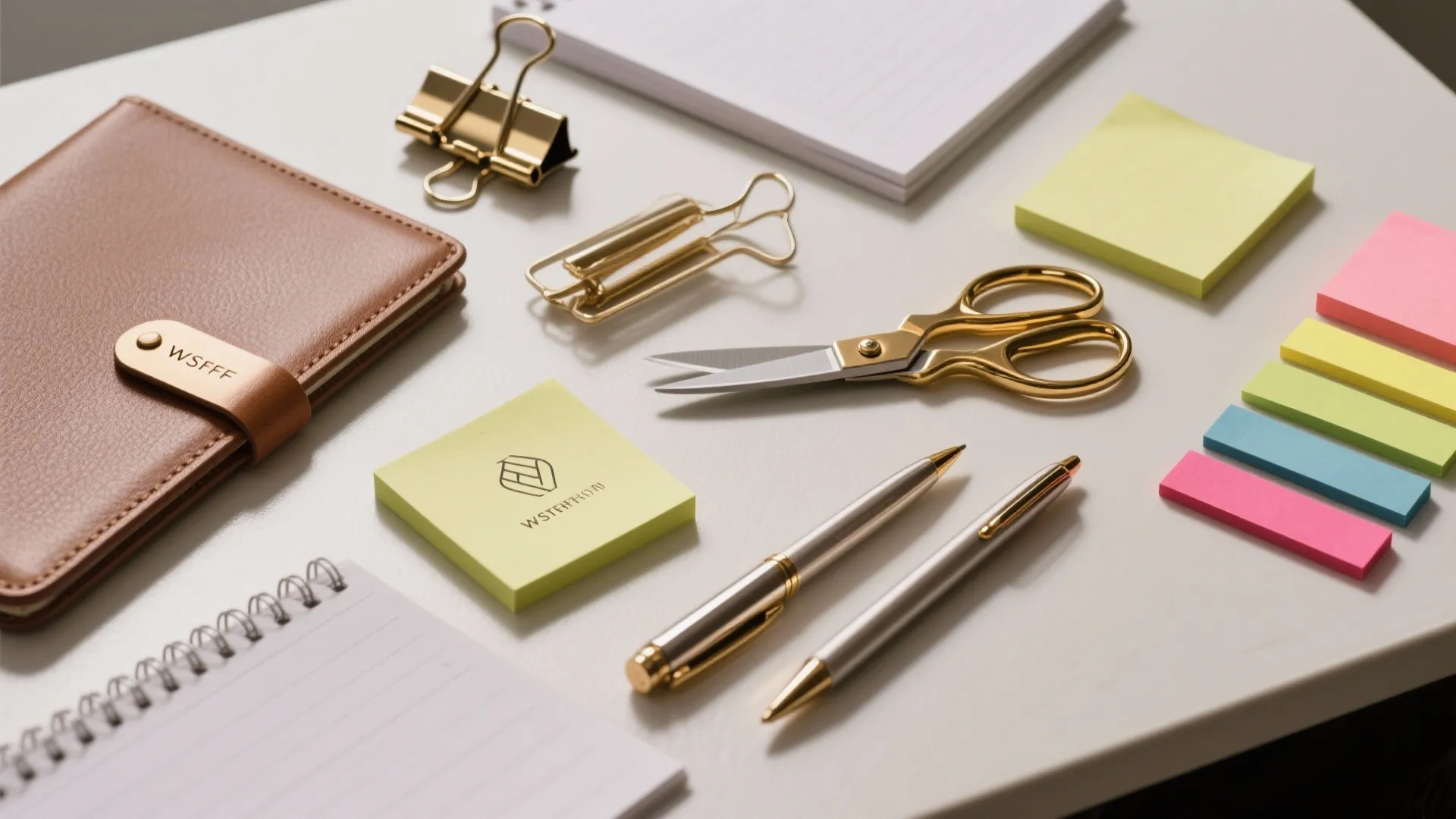 Brown leather notebook gold scissors metal clips pens and colorful sticky notes organized on white table