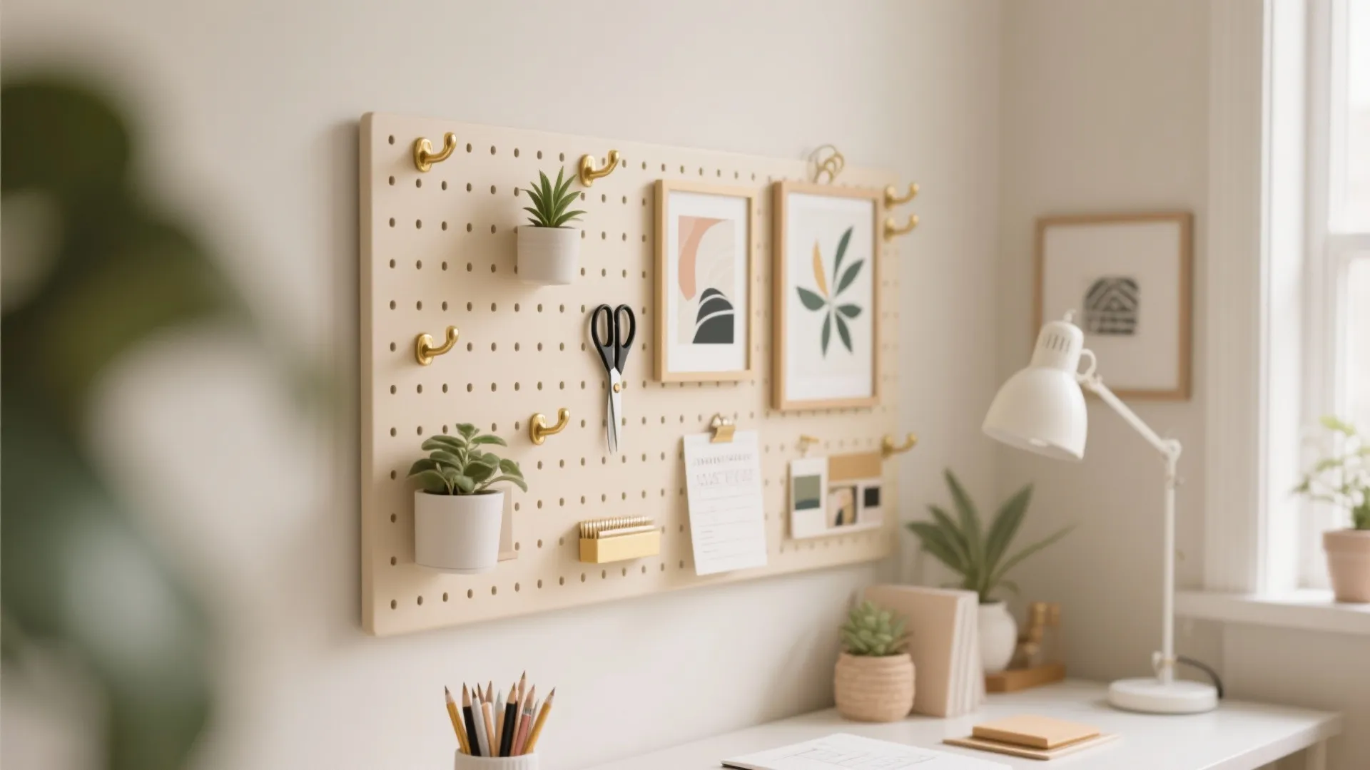 Stylish office pegboard with hooks, plants and stationery