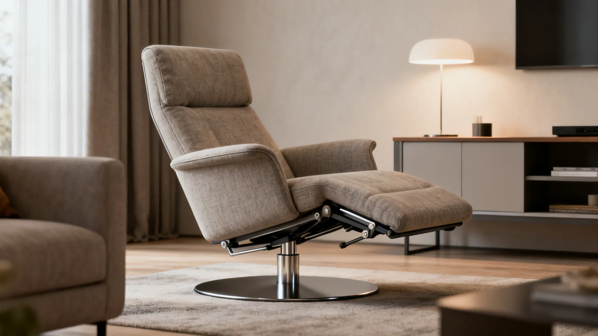 Sleek modern lounge recliner in a family room setting with neutral fabric