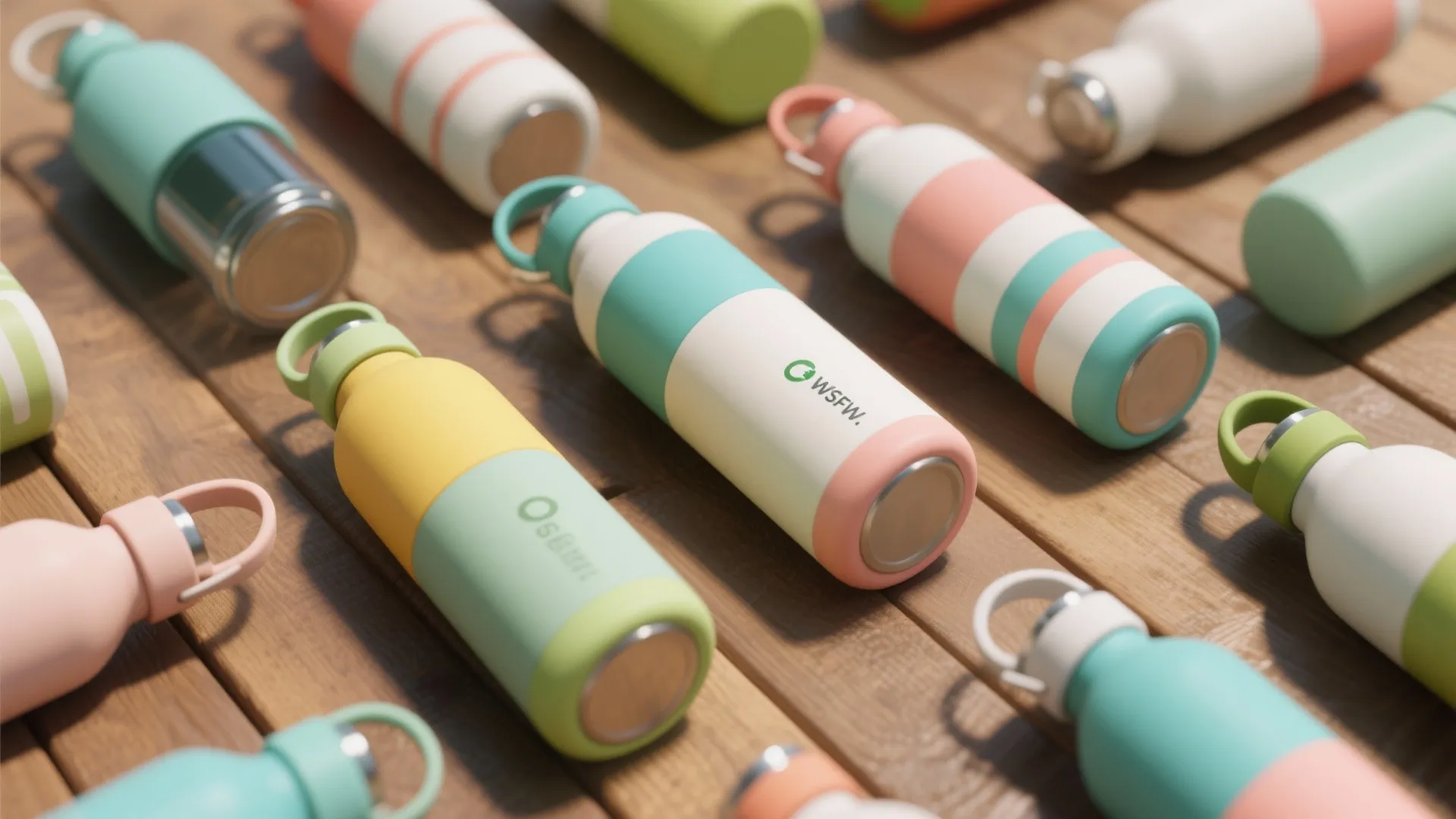 Colorful reusable water bottles with pastel designs arranged in rows on a light brown wooden surface