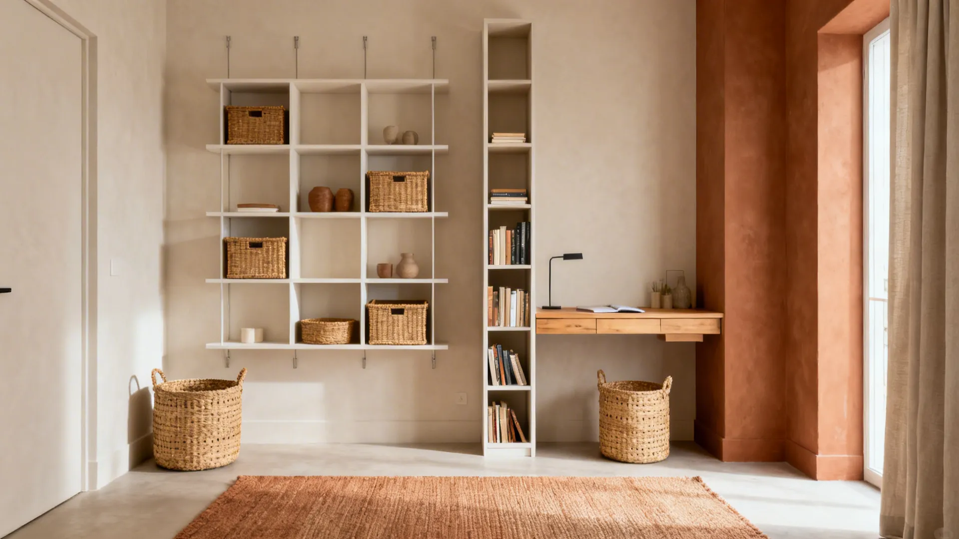 Compact living area with grid wall shelves, a slim bookcase zoning a workspace, and coordinated woven baskets.