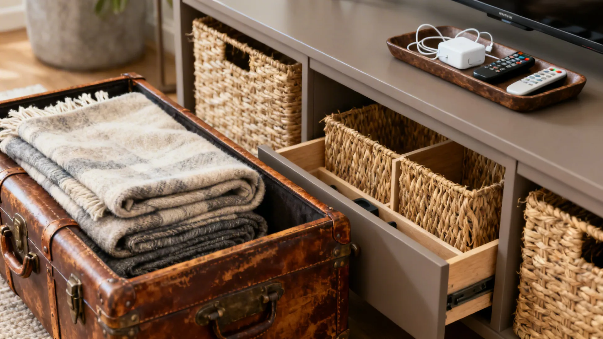 Close-up of a vintage trunk coffee table with storage inside and a closed media console with tidy baskets and dividers.