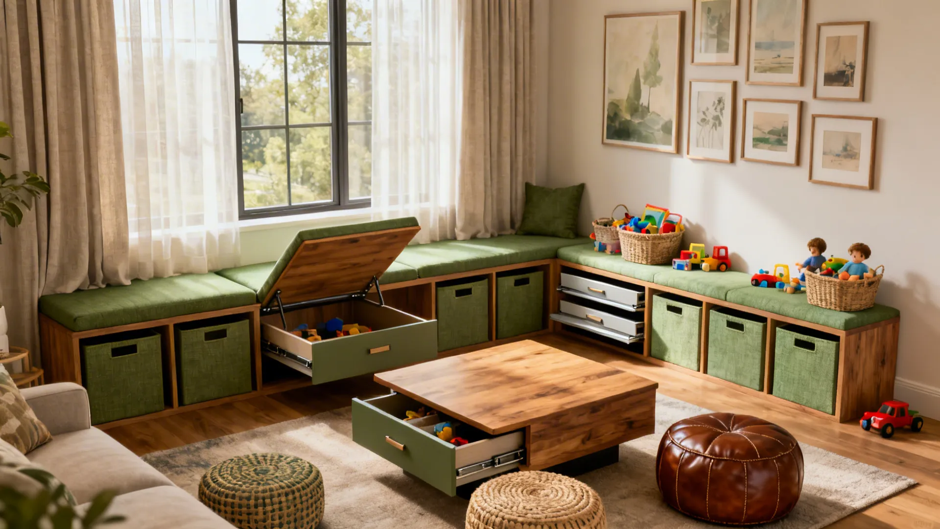Bright playroom featuring wooden window bench with green cushions and integrated storage drawers for children toys