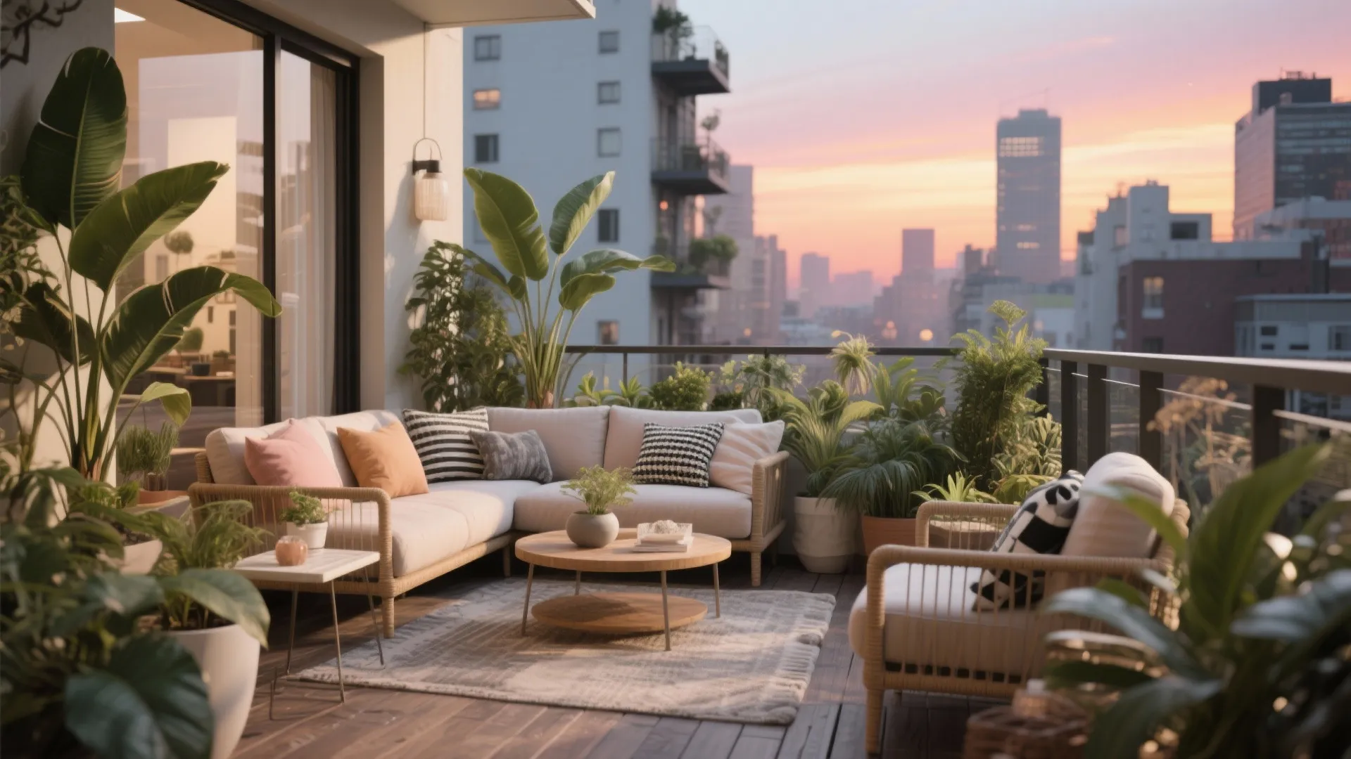 Modern urban balcony at sunset with outdoor sofa coffee table green plants and city skyline view