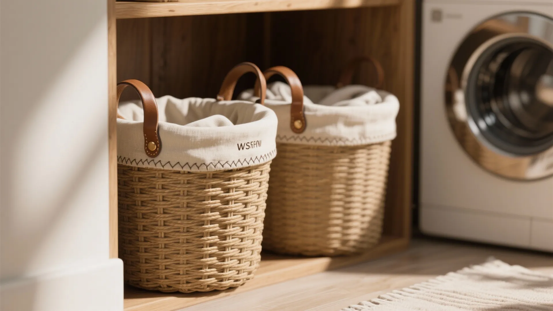 Two woven laundry baskets with leather handles and fabric liners inside a wooden storage cabinet shelf