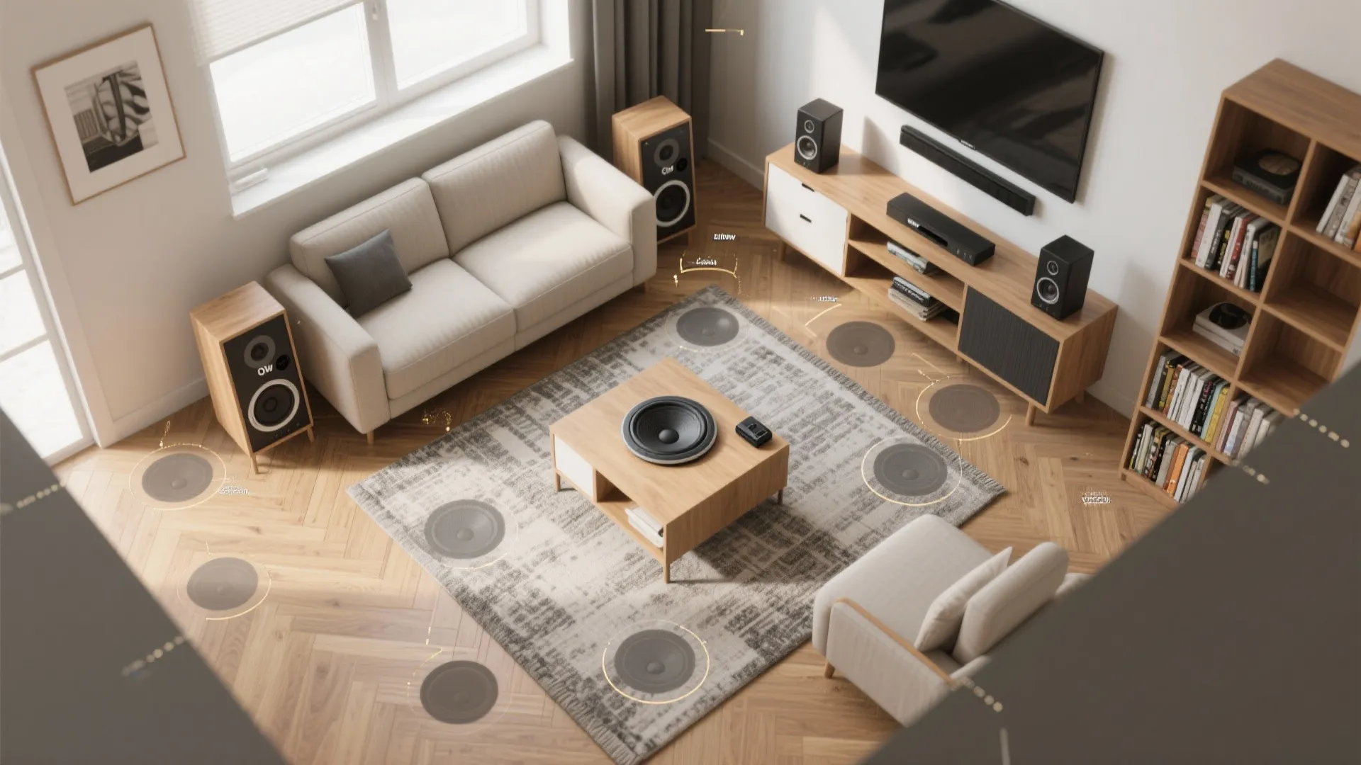 Modern living room layout with sofa speakers tv cabinet and highlighted spots for sound placement