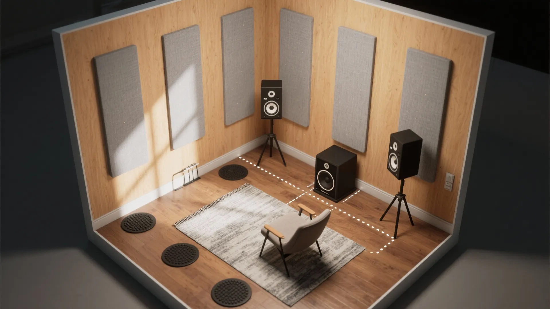 Top-down layout of a small den with a sealed sub halfway along the front wall and monitors on stands.