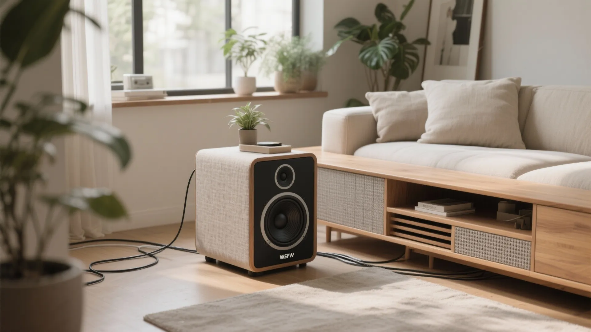 Subwoofer integrated as a side table with breathable panels and a vented console cutout.