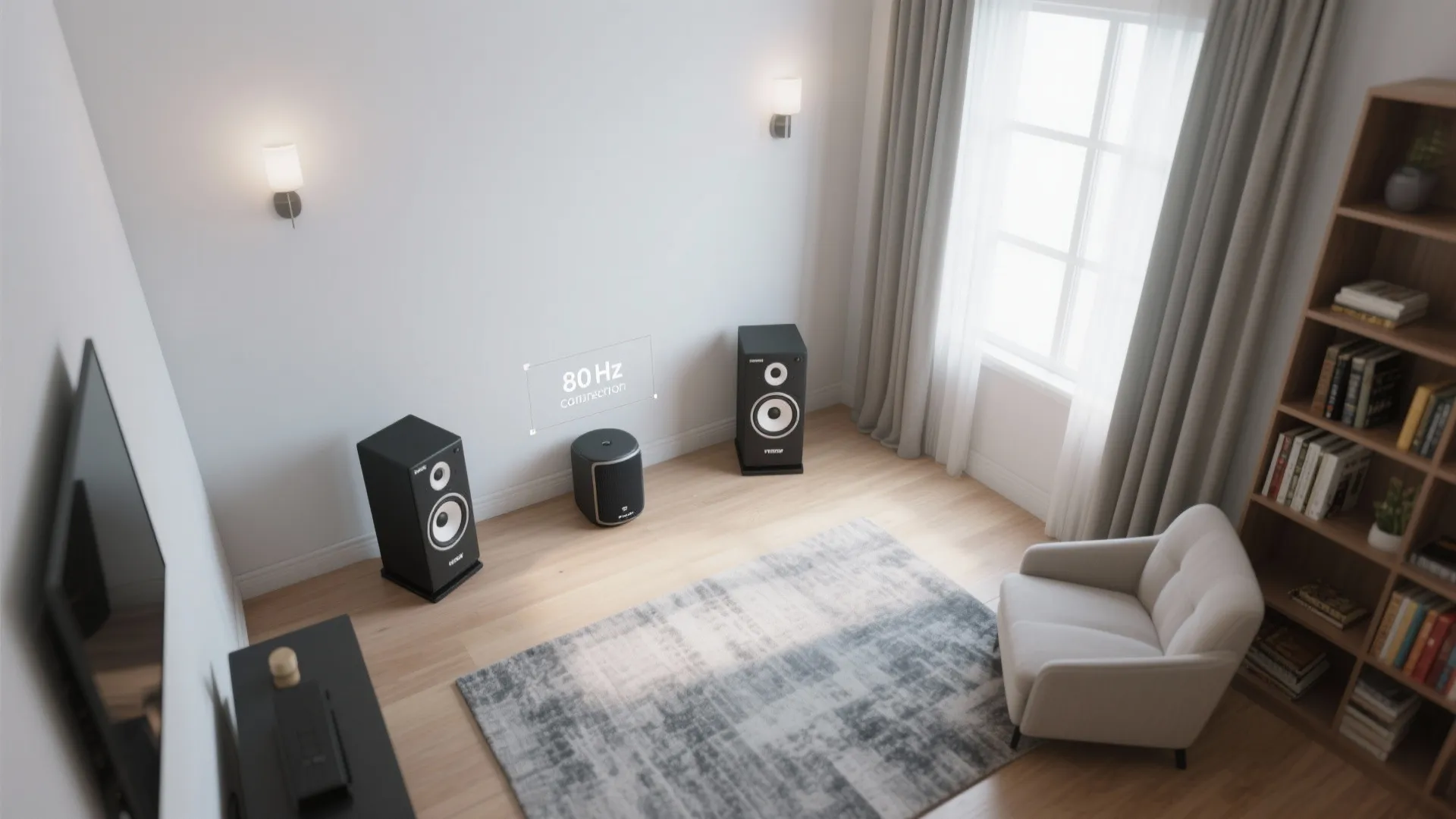 Top view of a living room with two speakers a subwoofer armchair and grey rug
