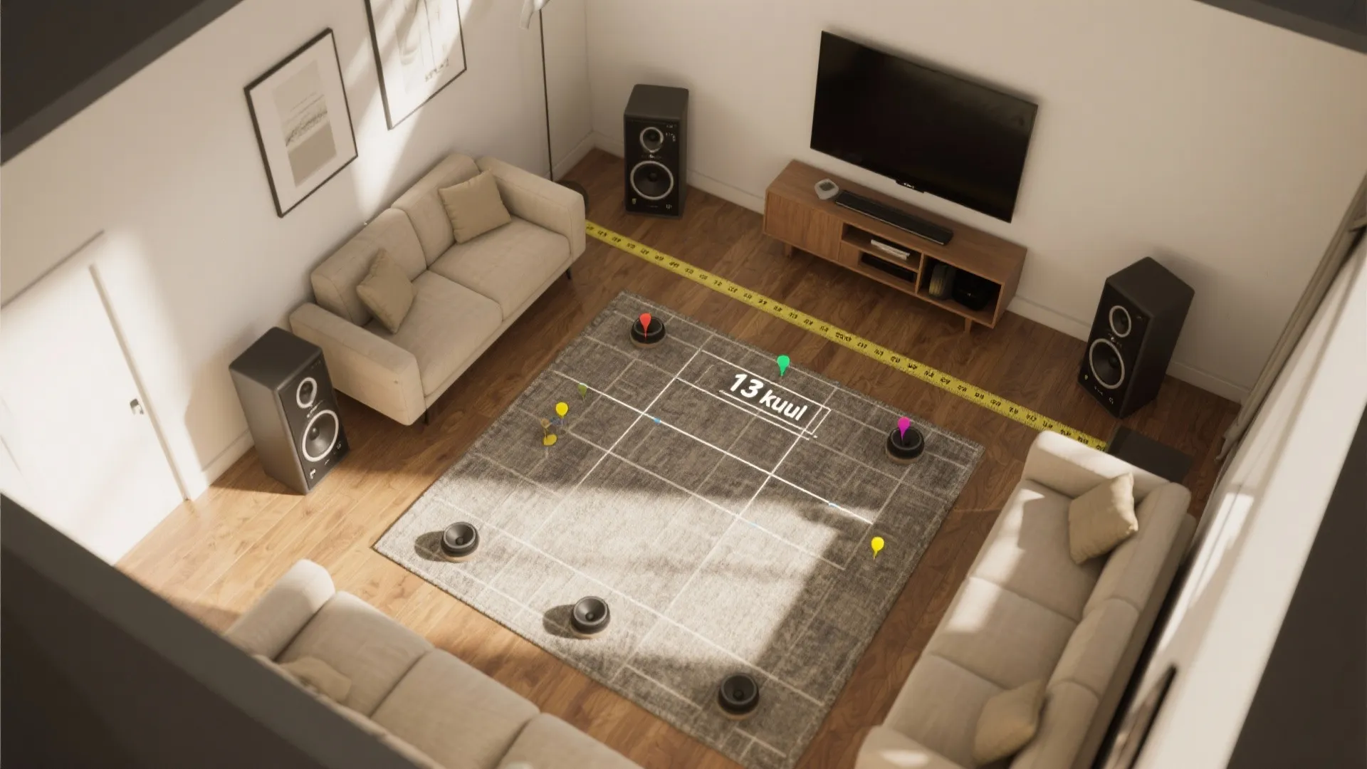 Top-down view of a small living room with marked subwoofer positions illustrating the one-third rule.