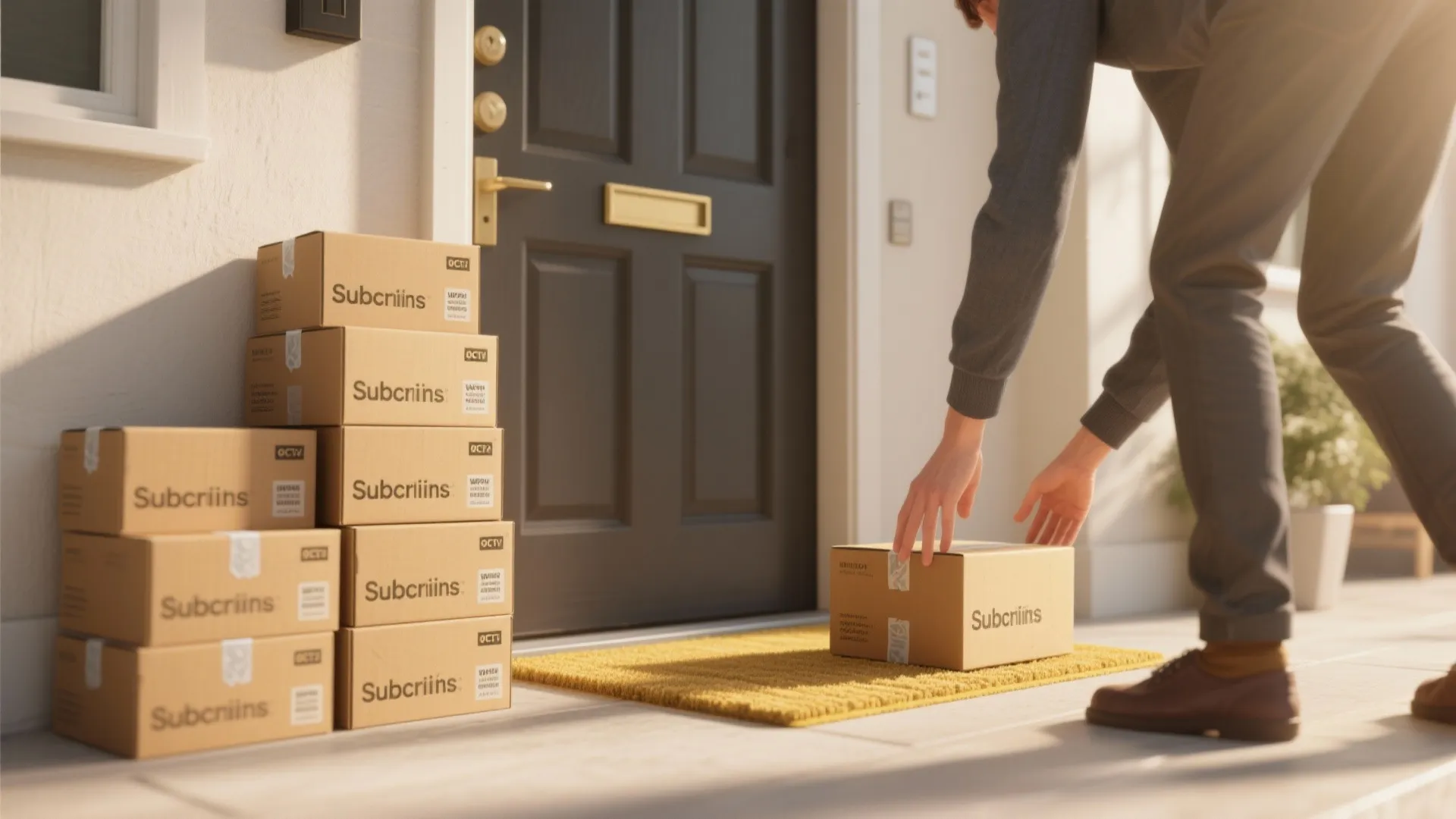Man picking up a delivery cardboard box from a front porch with many stacked boxes