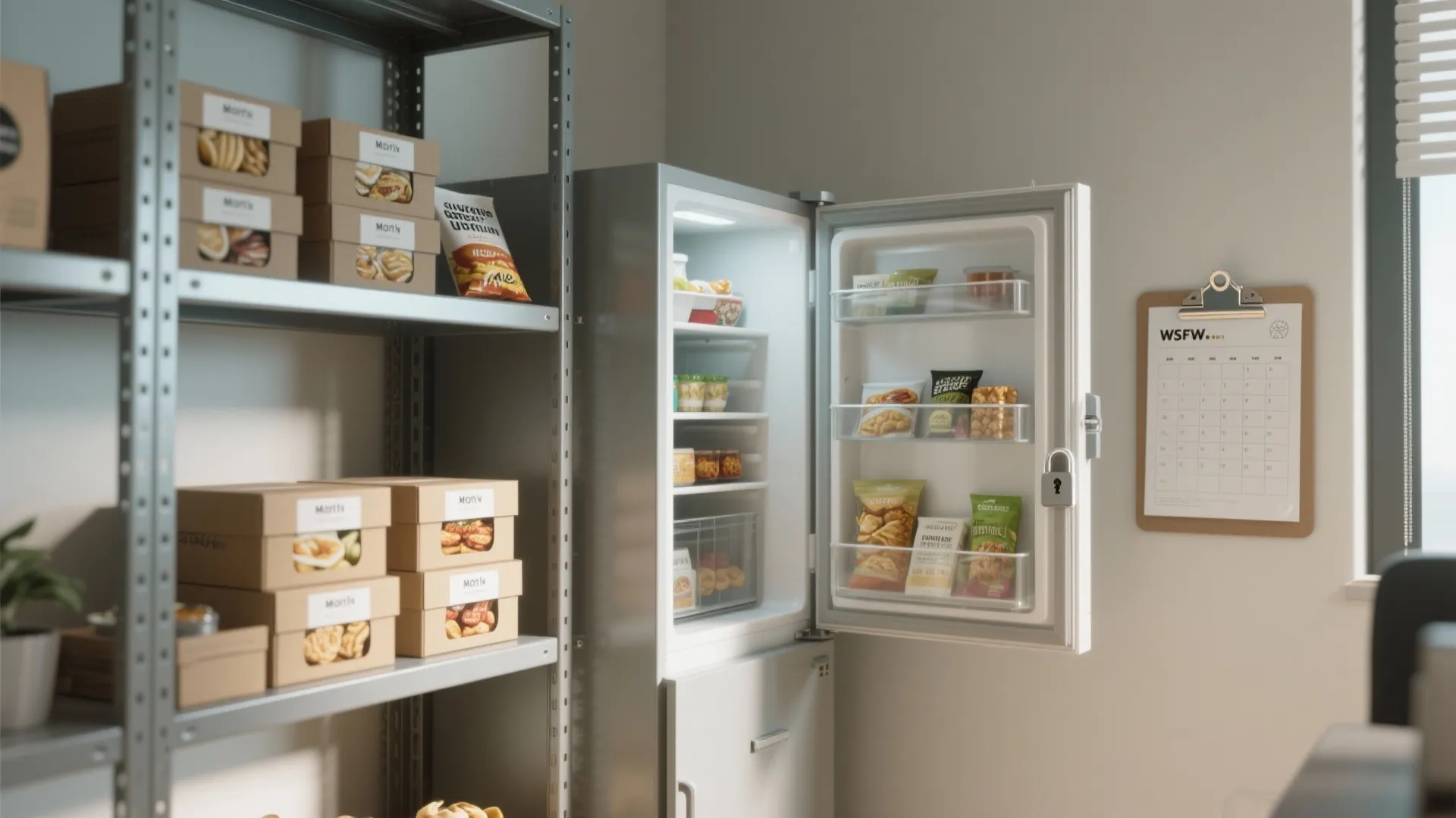 Snack subscription corner with curated boxes and a small climate-controlled cabinet for perishables.