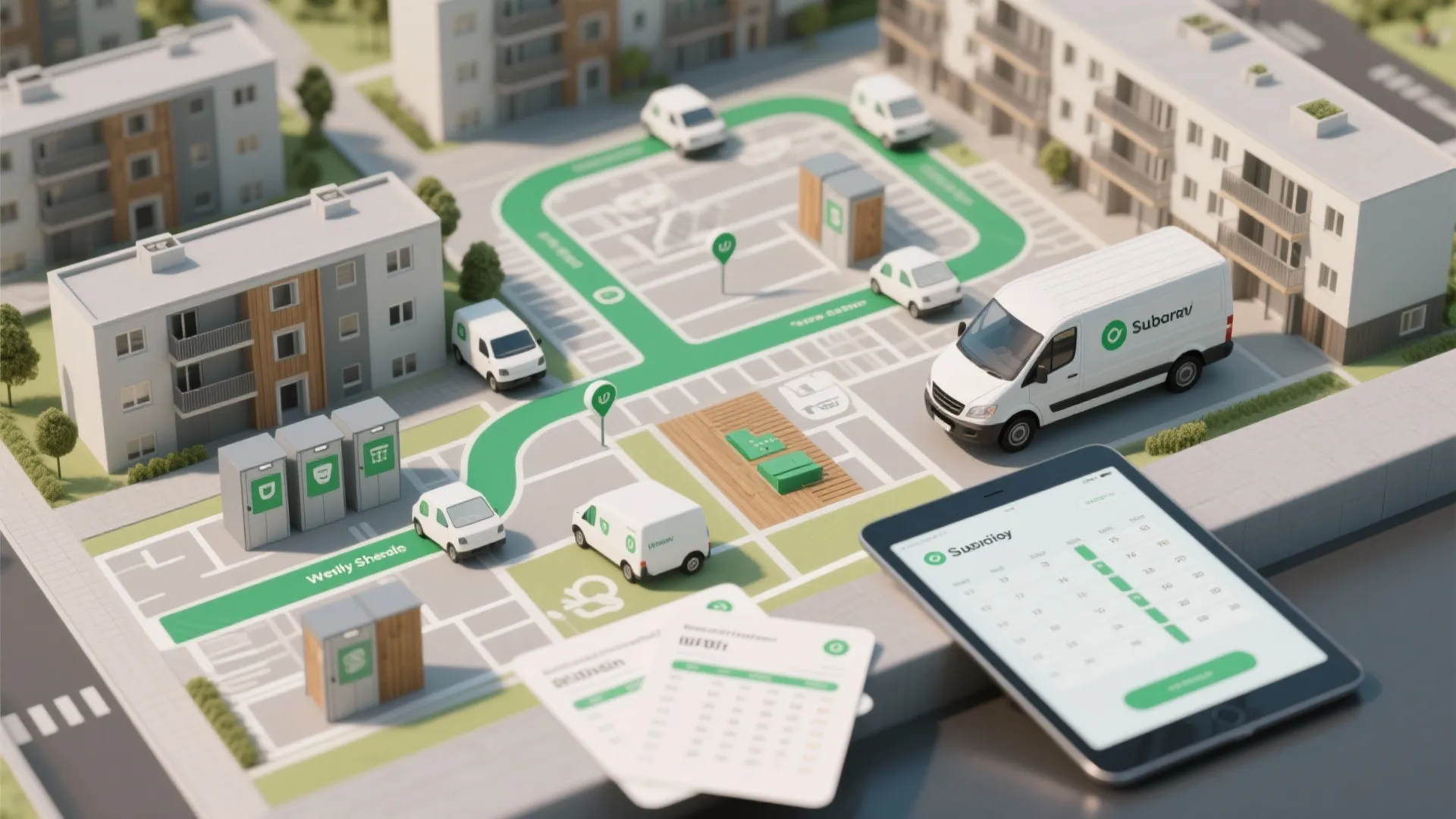 Interior design drawing of a neighborhood layout with white vans green paths and a digital tablet