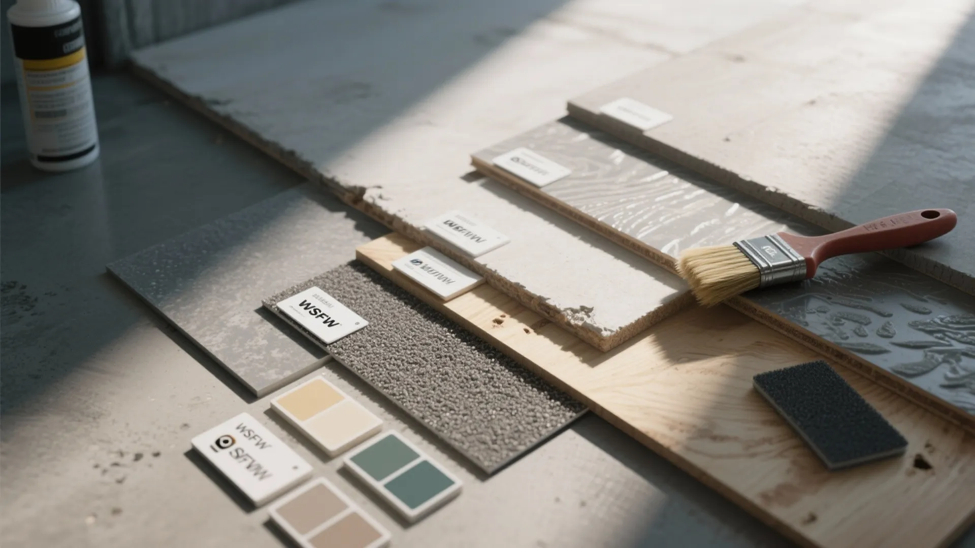 Close-up of concrete, plywood and vinyl substrate samples with primer swatches