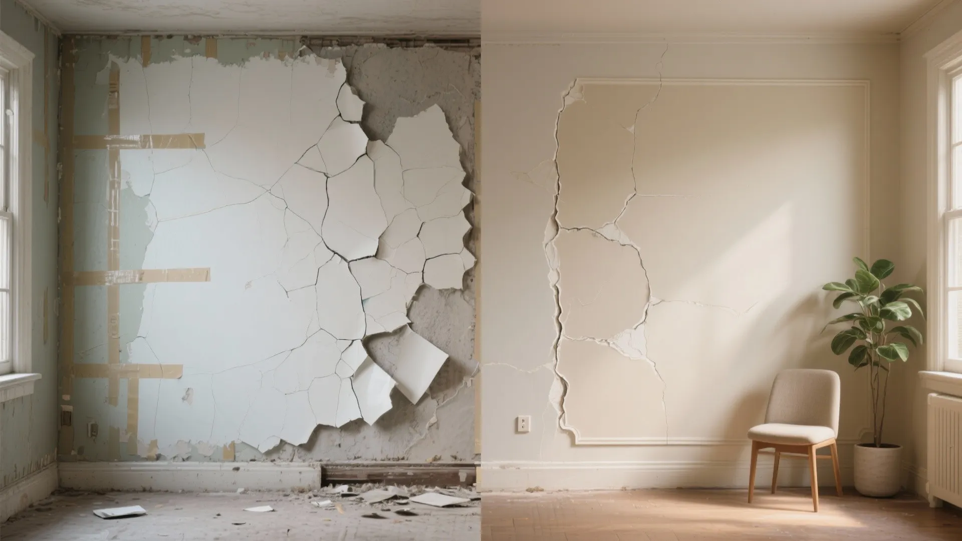 Side by side comparison showing a cracked messy wall versus a partially repaired wall with chair