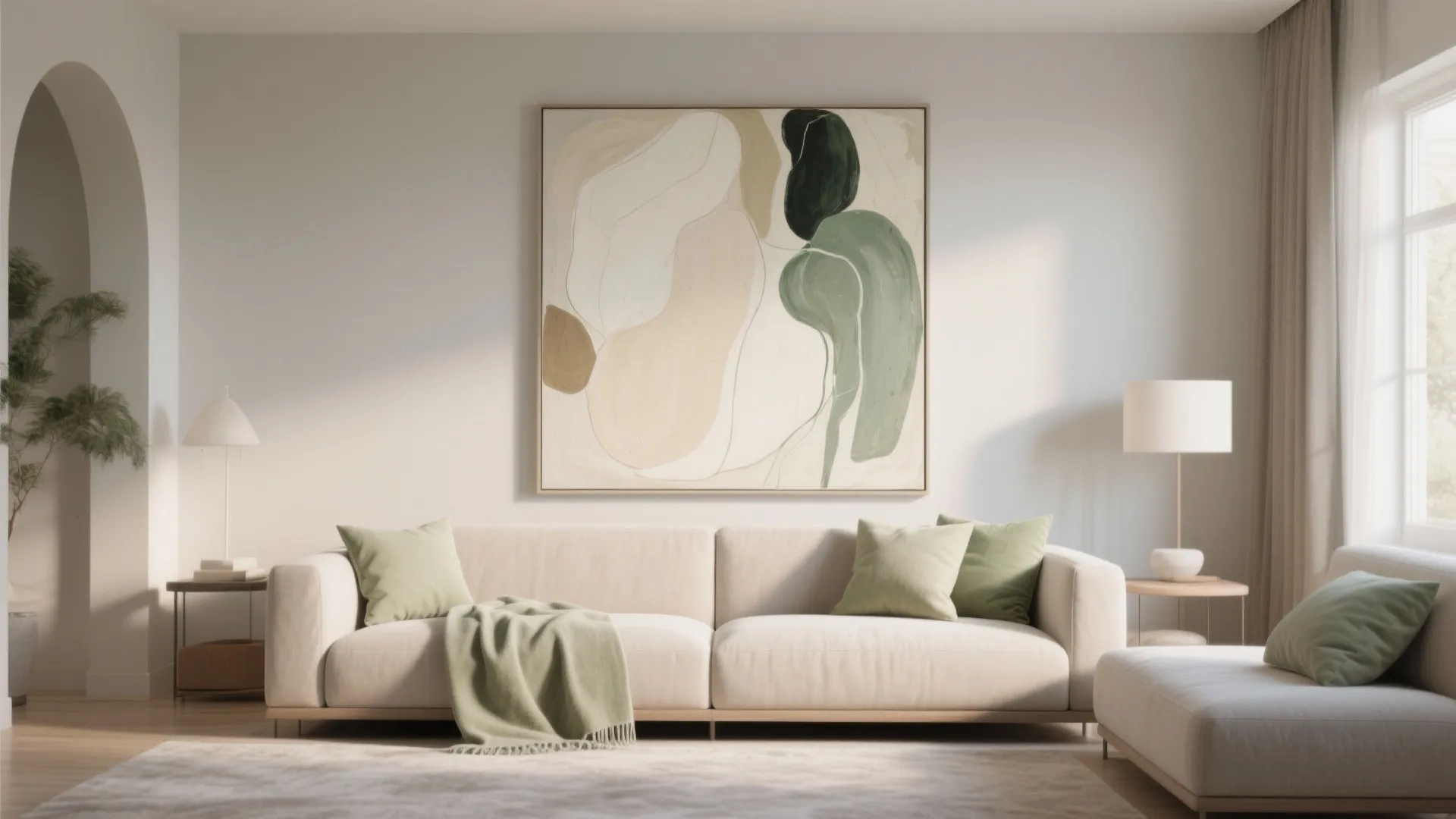 Modern living room with large abstract painting cream sofa green pillows and soft natural window light