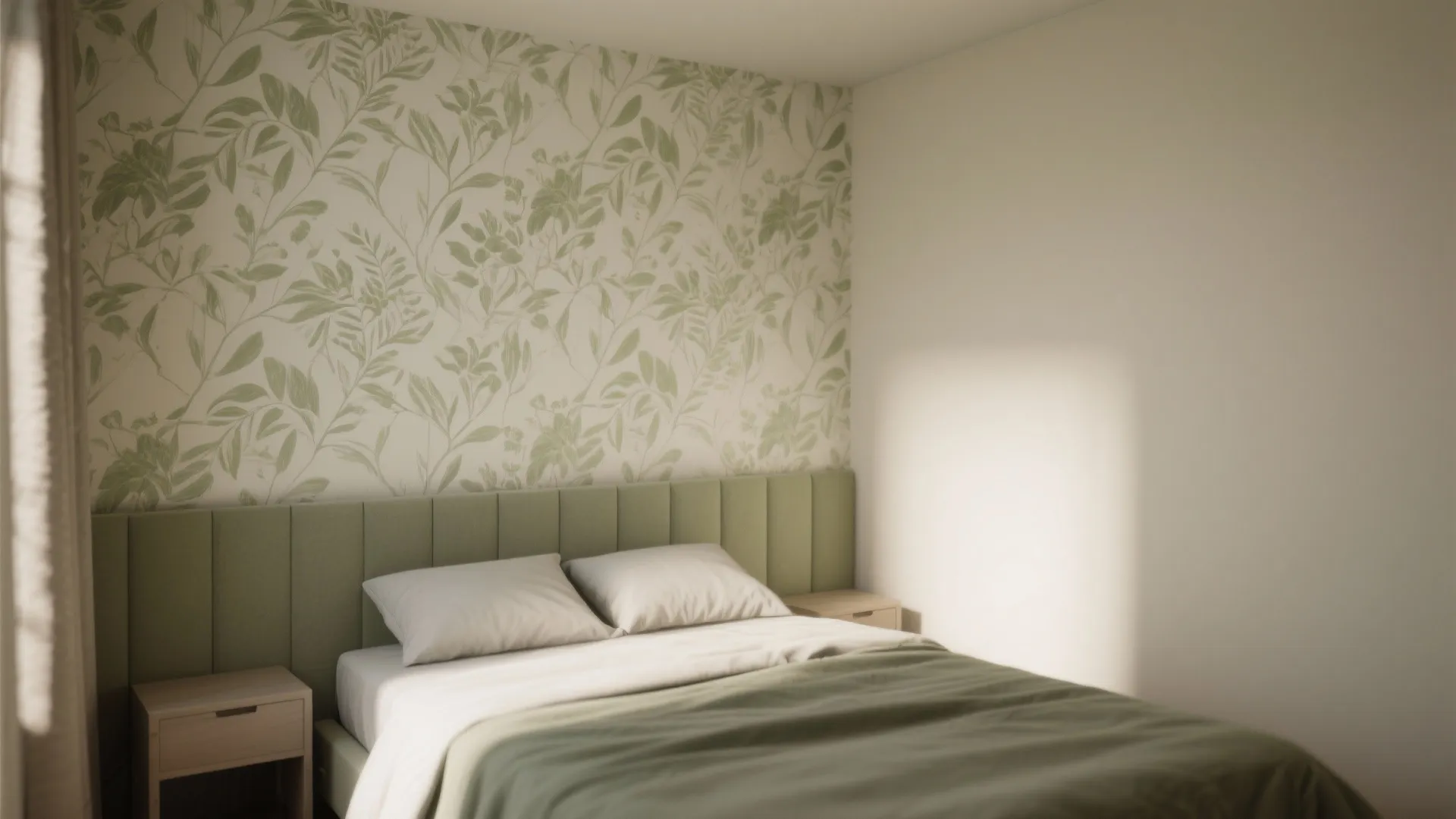 Bedroom featuring green leaf pattern wallpaper behind white bed with green headboard and matching blanket
