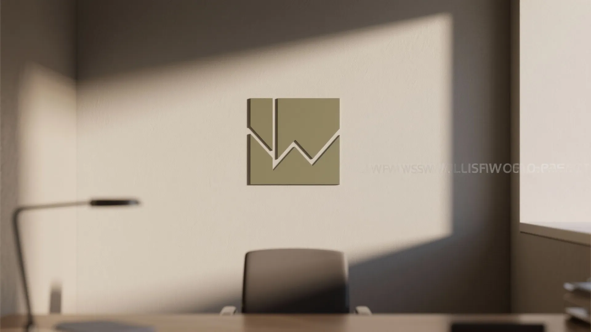 Modern office interior with wall logo design above chair and desk under soft sunlight shadows