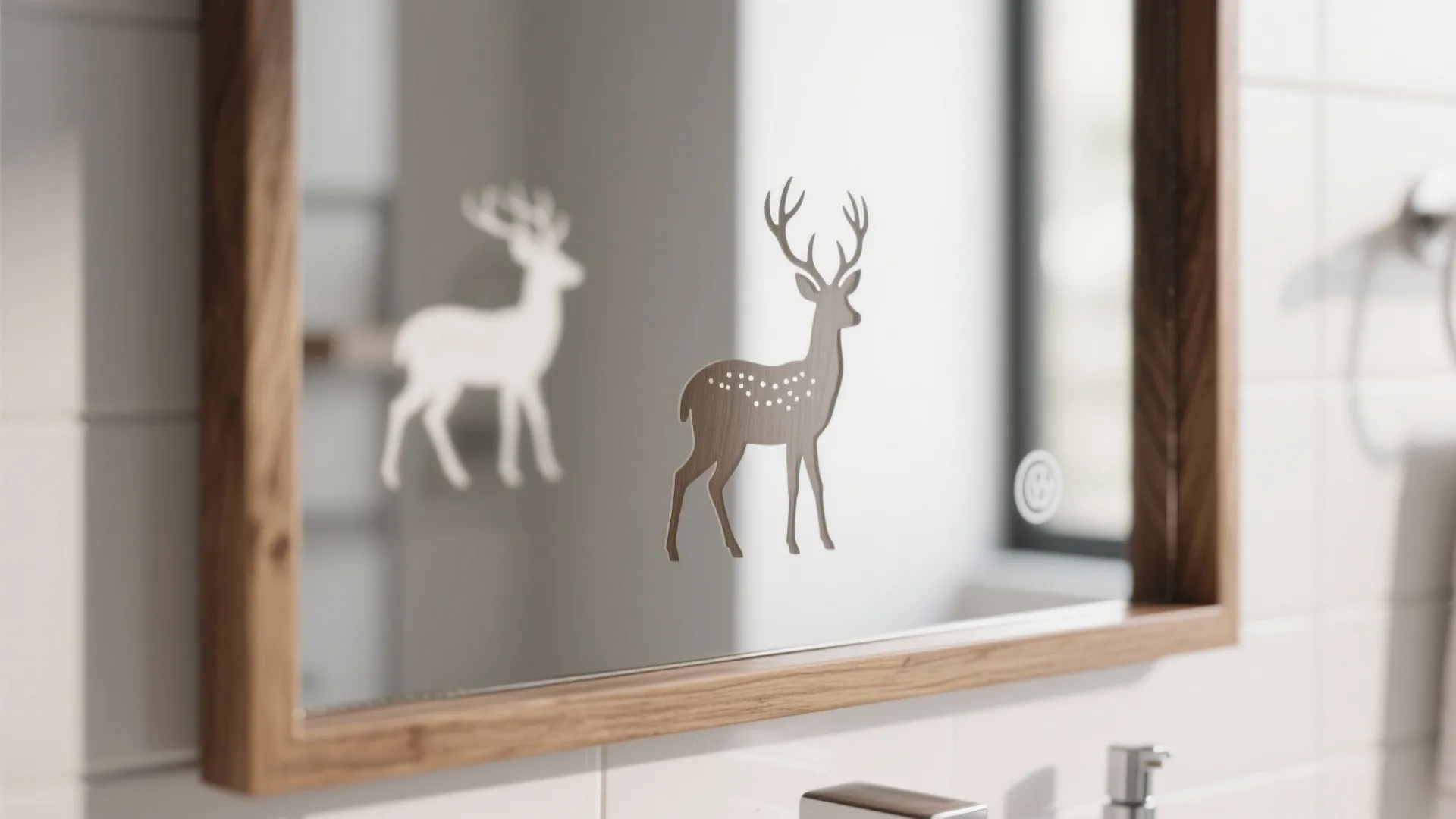 Wooden framed bathroom mirror showing a small deer motif decal on the clean glass surface