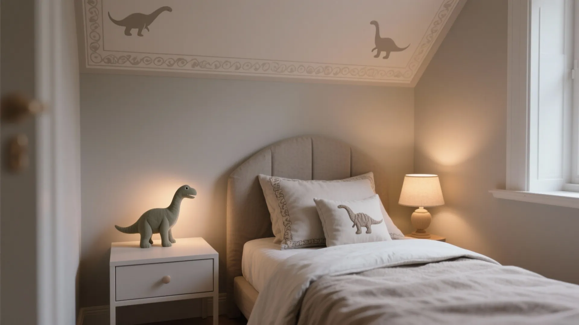 Child bedroom with dinosaur theme featuring a soft bed small table light and grey wall art