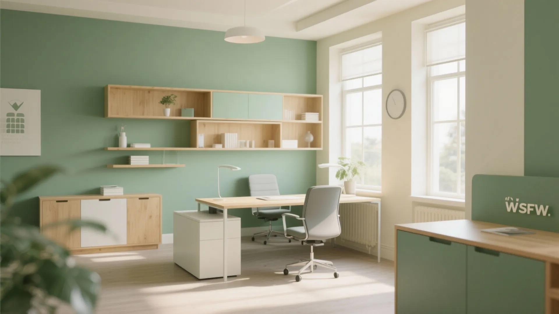 Office with sage green walls and cream accents in daylight