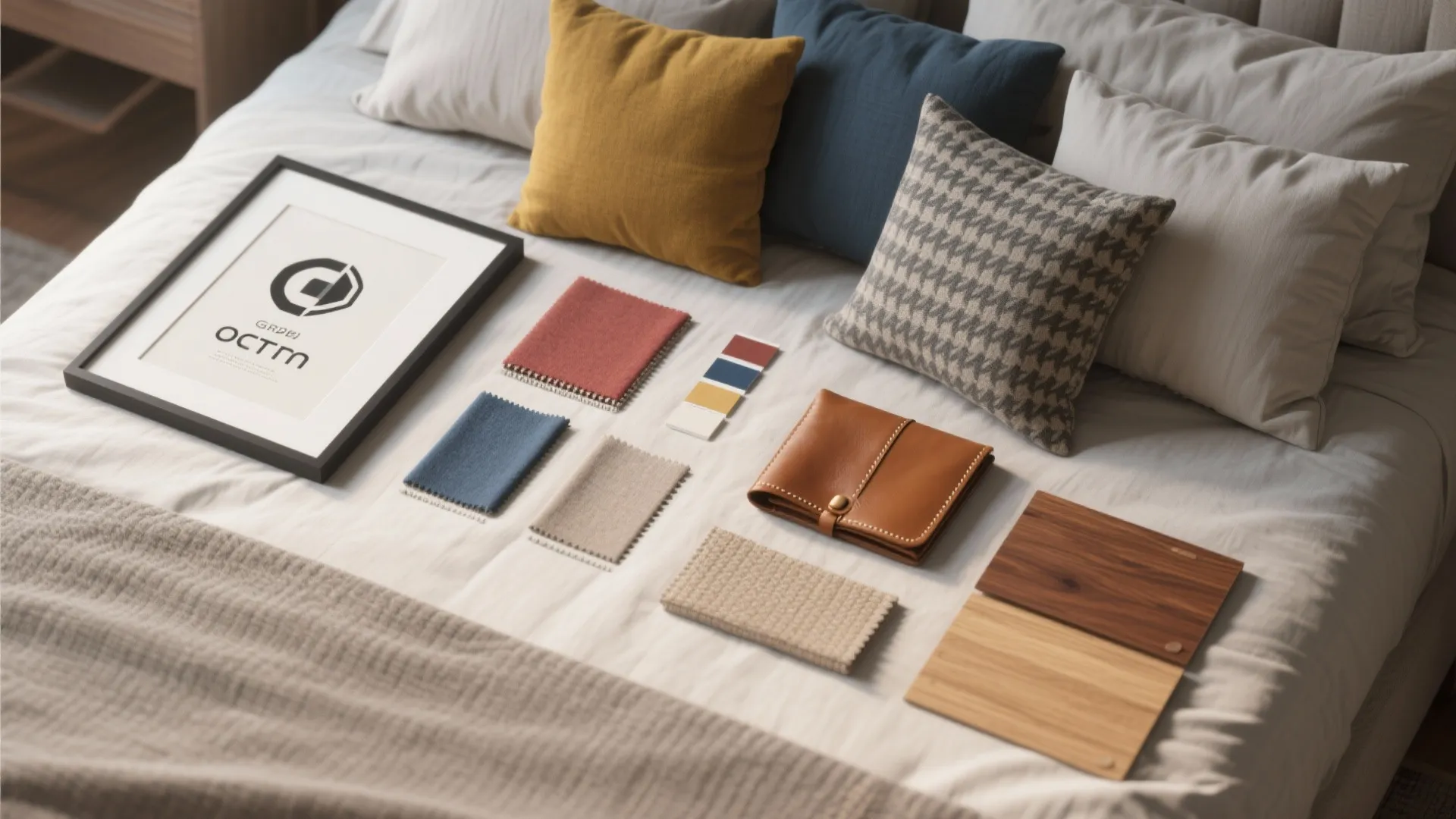 Material samples and fabric swatches arranged on a bed with pillows for interior design planning