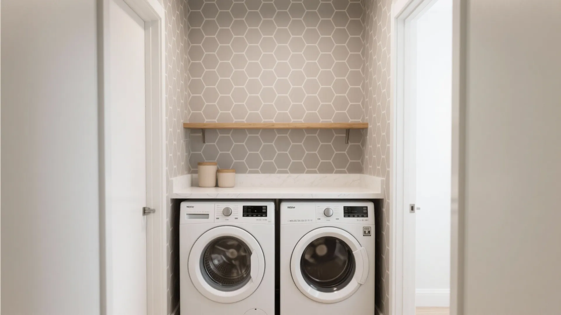 Modern laundry room featuring white washing machines with wood shelf and grey hexagon patterned tiles