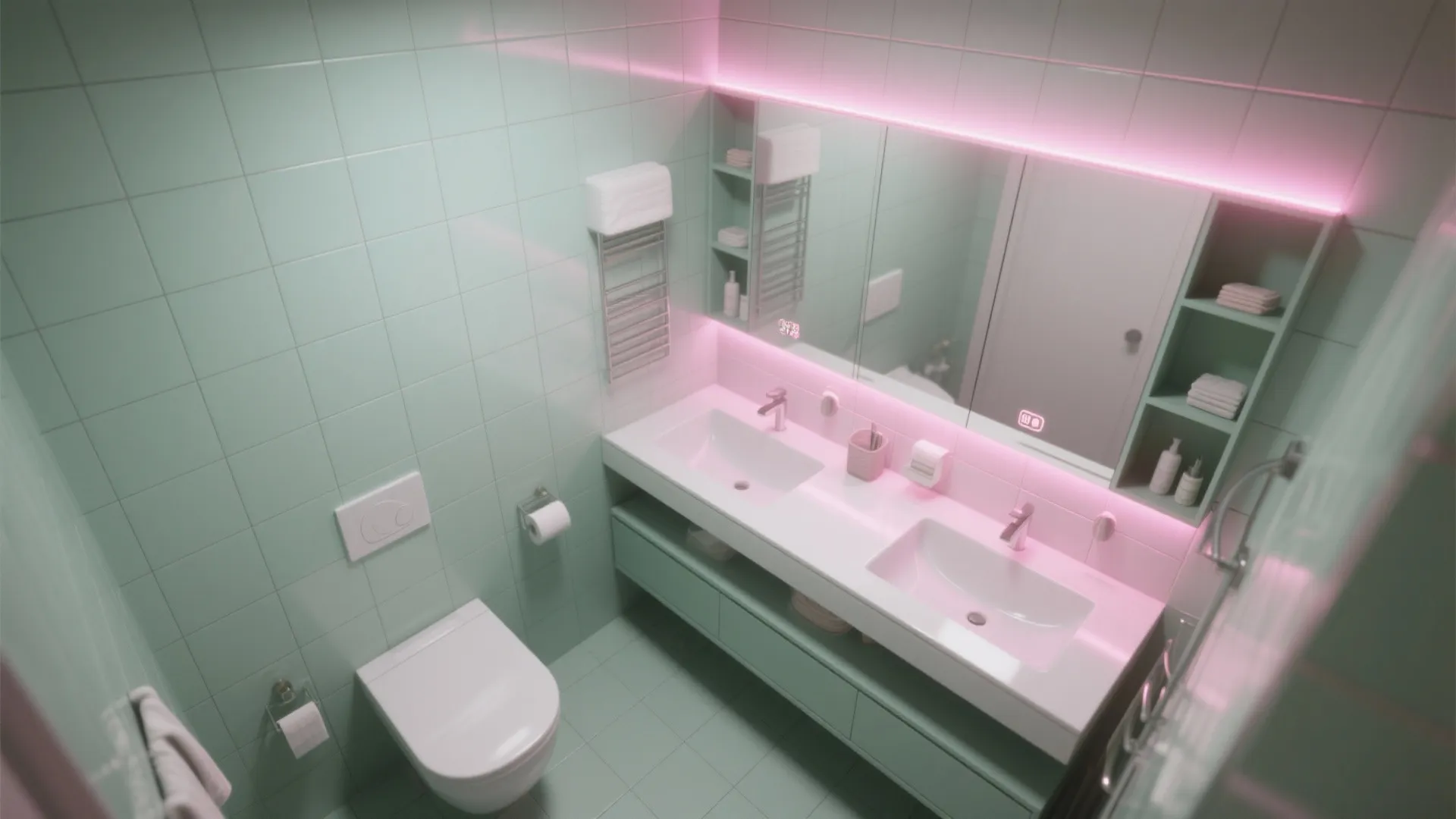Light green tiled bathroom with double sink vanity toilet pink led light strip and wall shelves