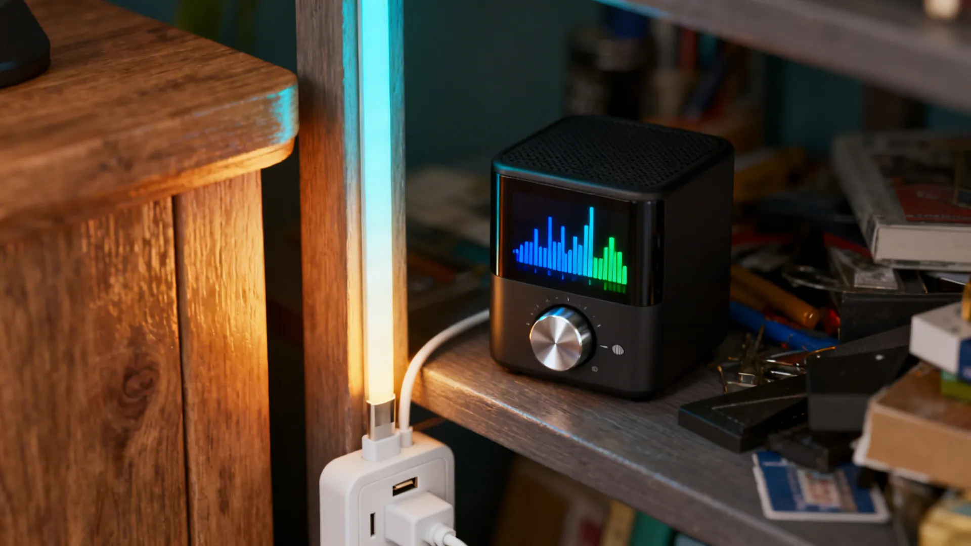 Color-changing LED strip behind furniture and a small Bluetooth speaker creating subtle ambient mood.