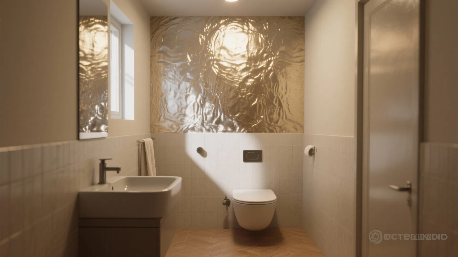 Modern bathroom featuring a shiny gold textured wall panel above a white toilet and sink