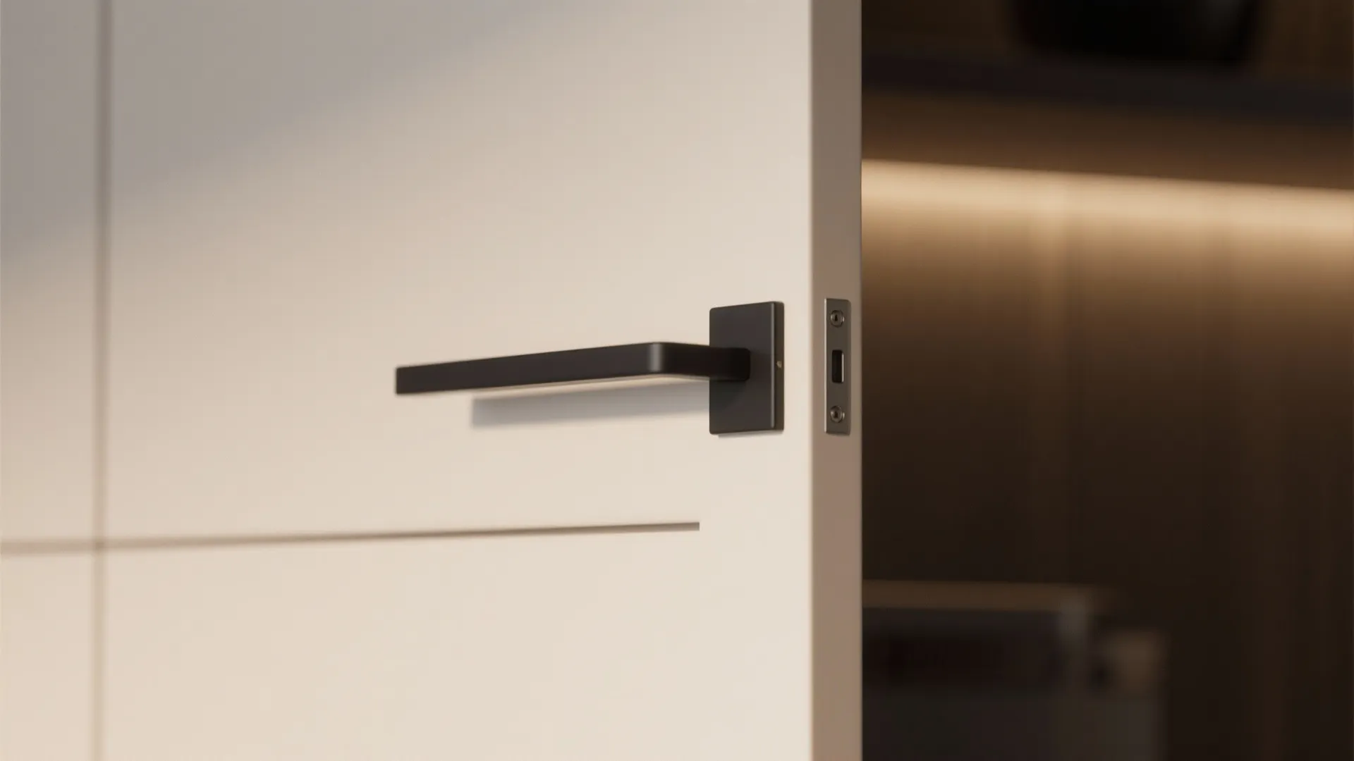 Slim matte black pull and hidden hinge creating clean modern sightlines on a cabinet door.