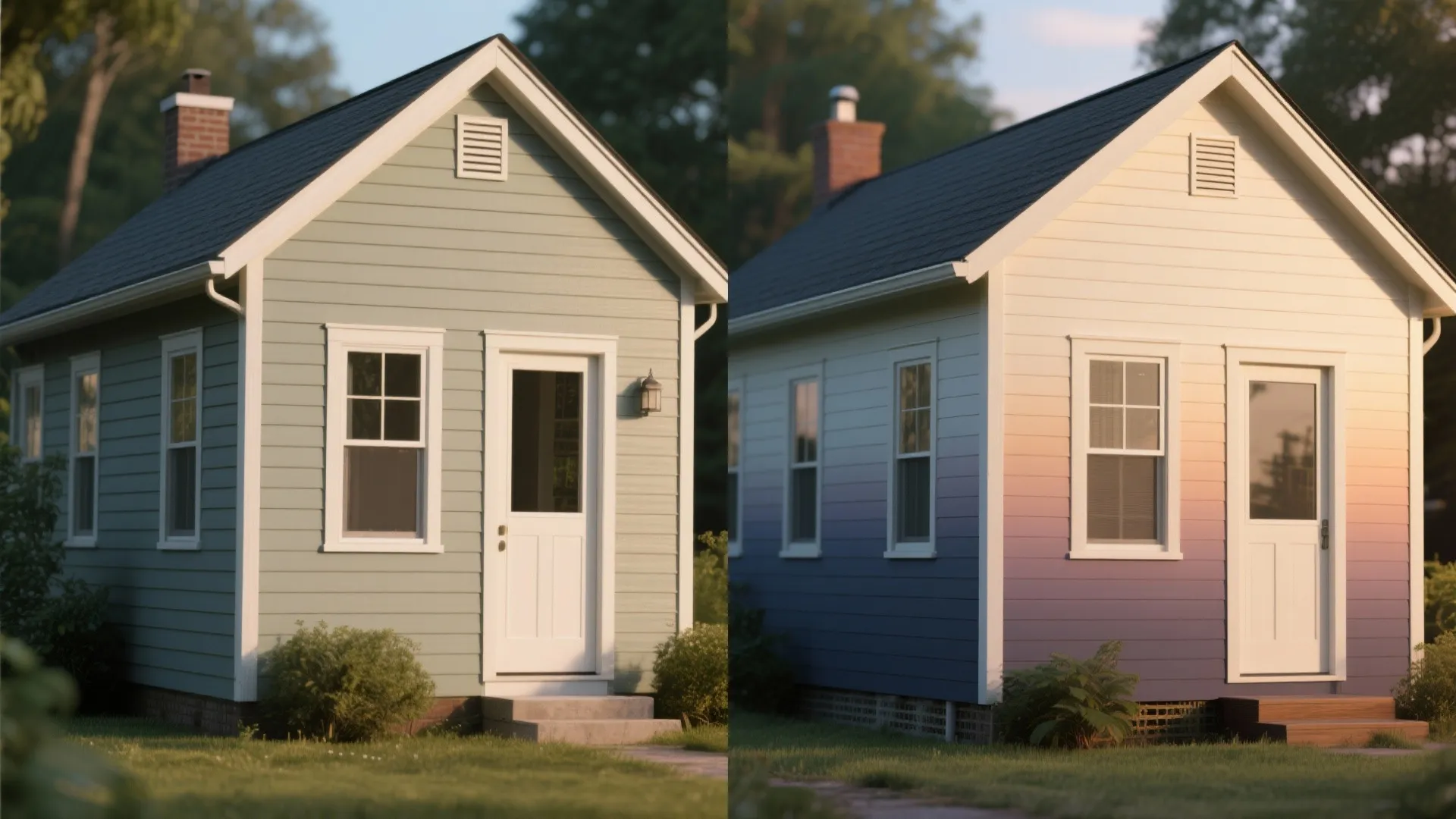 Comparison of a small house with solid green paint versus a purple sunset color design
