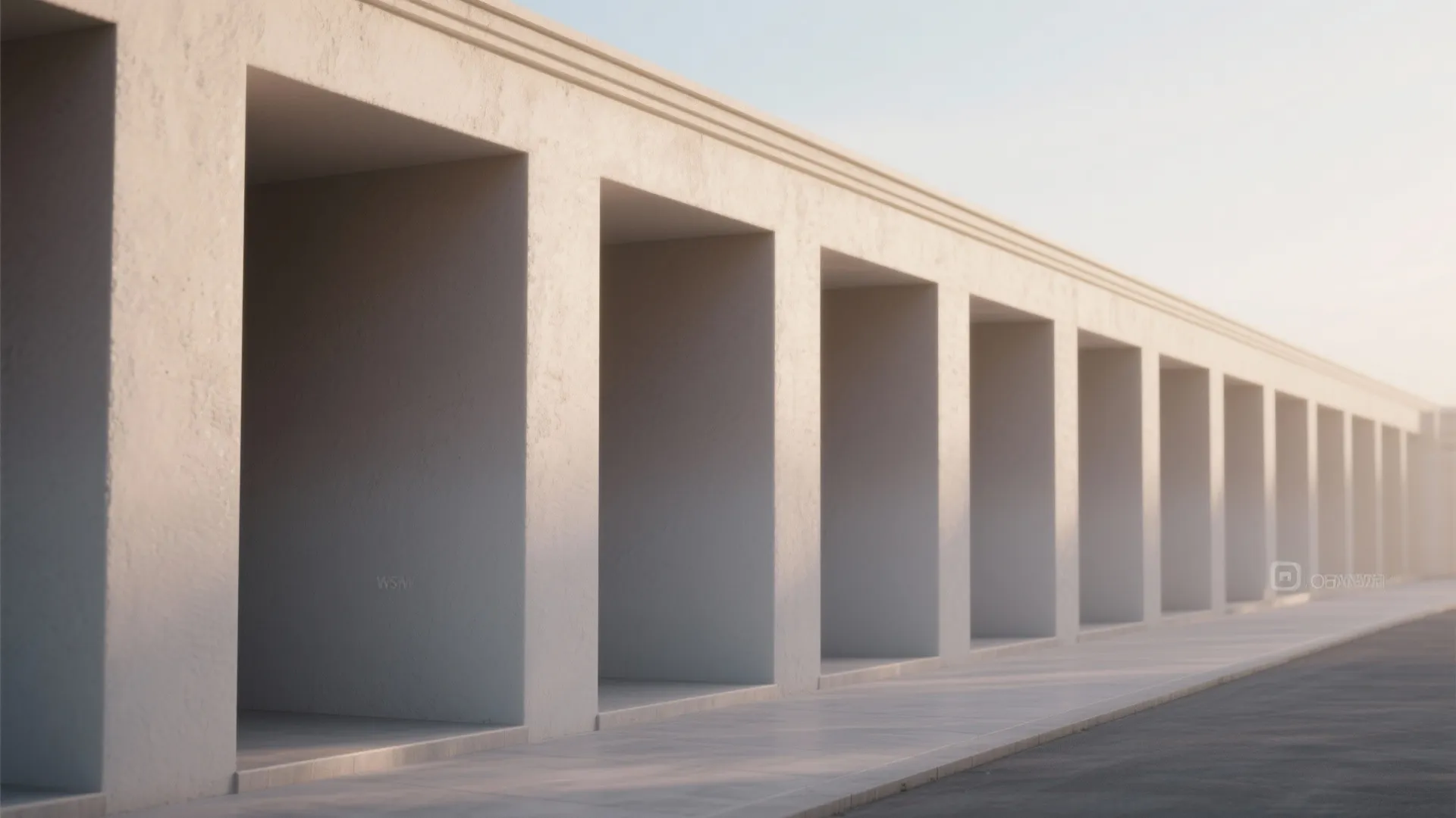 Facade with a subtle neutral ombré, showing tonal layering and shadow play across a long terrace.