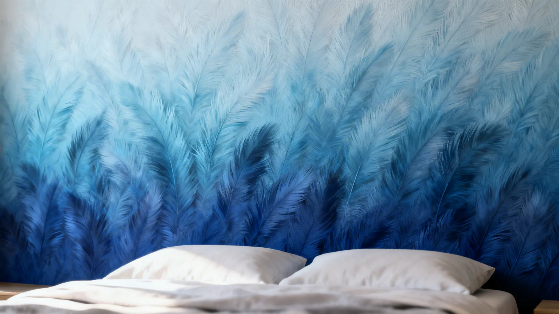 Soft ombre bedroom wall blending light to dark blue with feathered brush texture