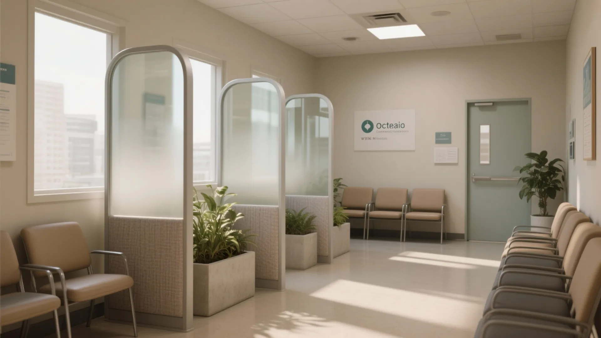 Bright clinic waiting room featuring frosted glass room dividers green plants and row of chairs
