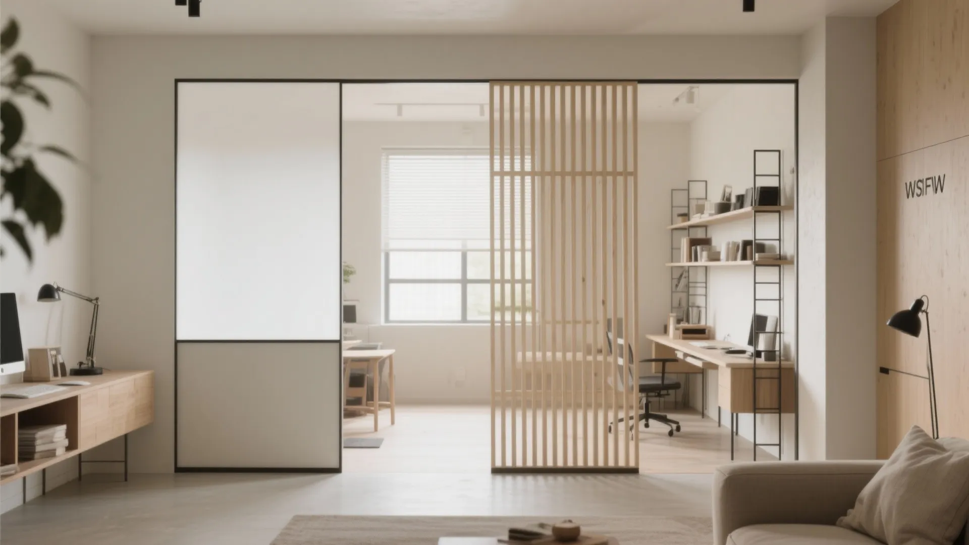 Living room and workspace divided by a sliding wooden slat screen and glass wall panel