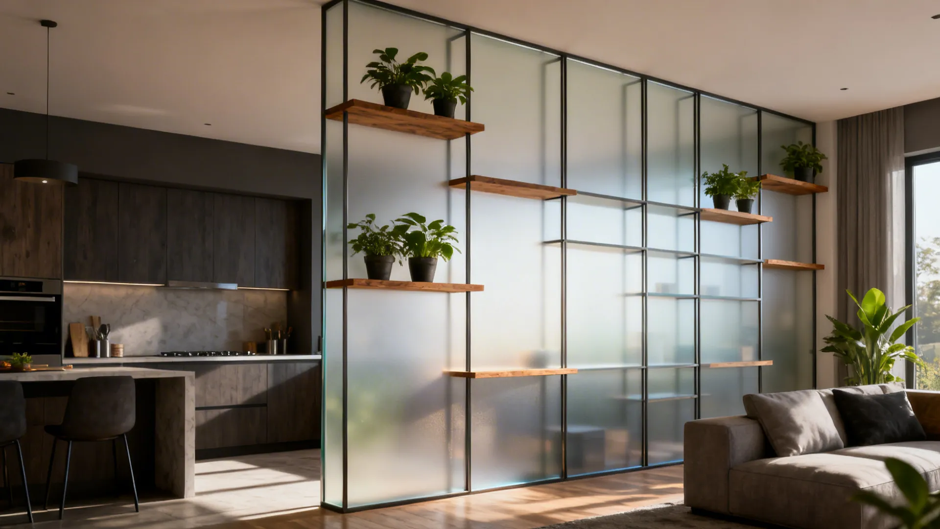 Translucent glass divider and floating shelving creating privacy without blocking light.