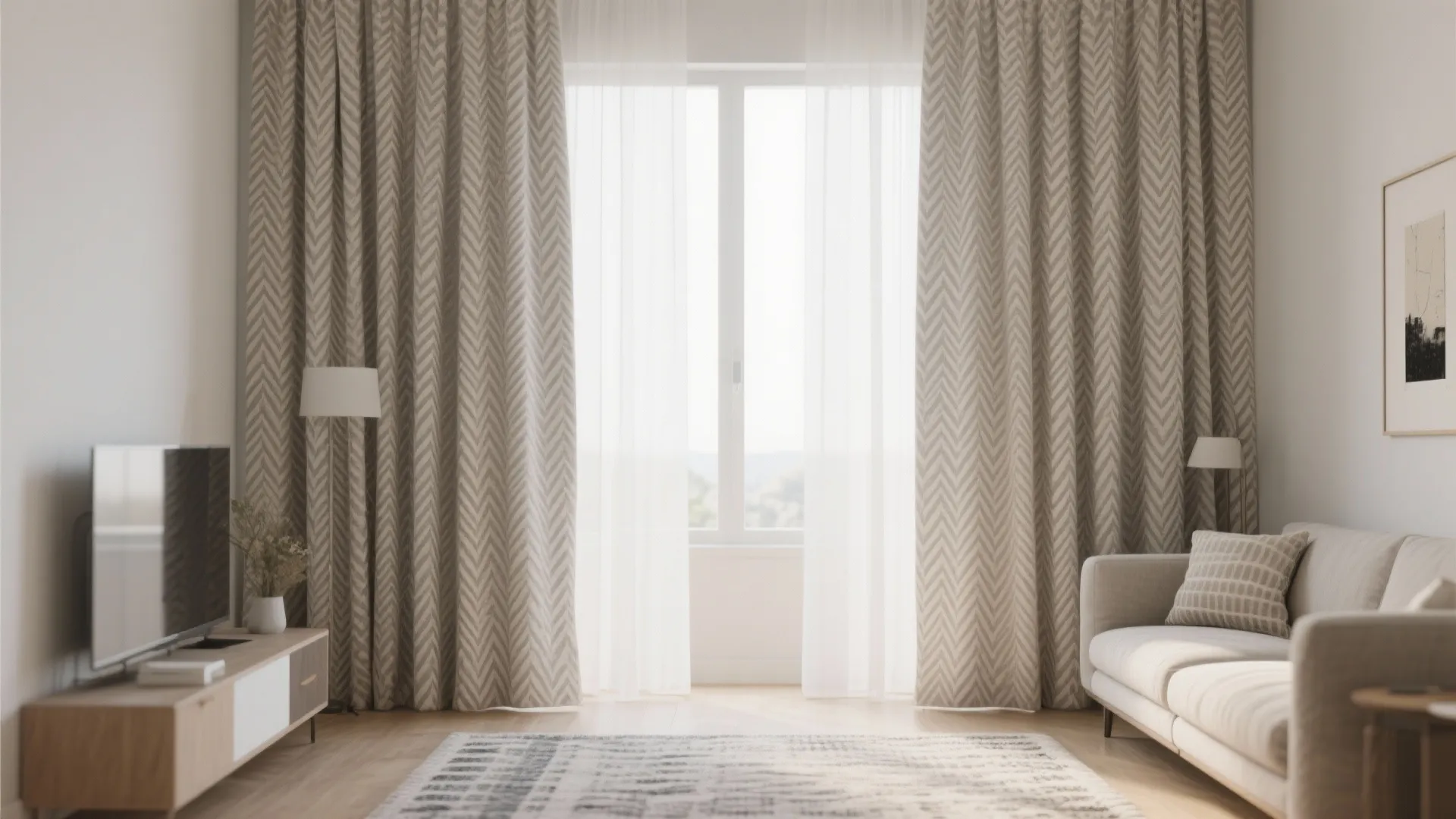 Neutral patterned curtains with micro-herringbone add quiet energy to a small living room in soft daylight.