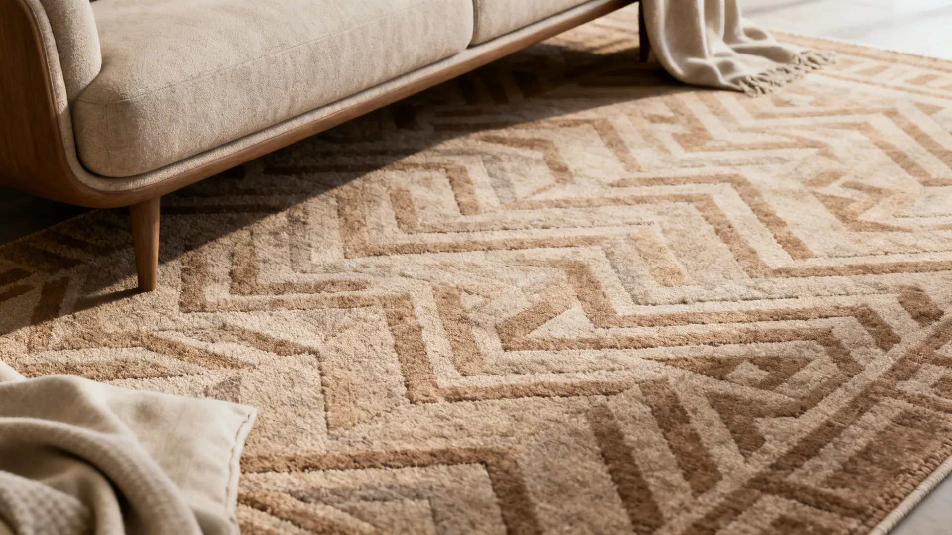 Low-contrast patterned light brown rug with tonal geometric motifs near a sofa.